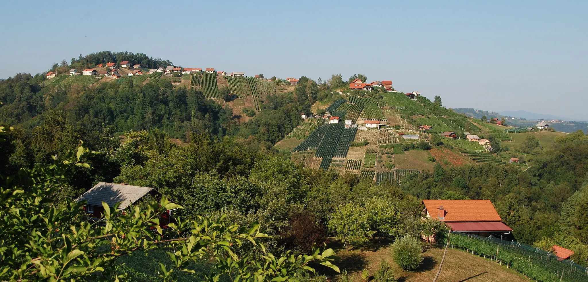 Photo showing: Ravnik, a village in the Municipality of Šentrupert (southeastern Slovenia). View from Srasle, a hamlet of Zabukovje (Municipality of Šentrupert).