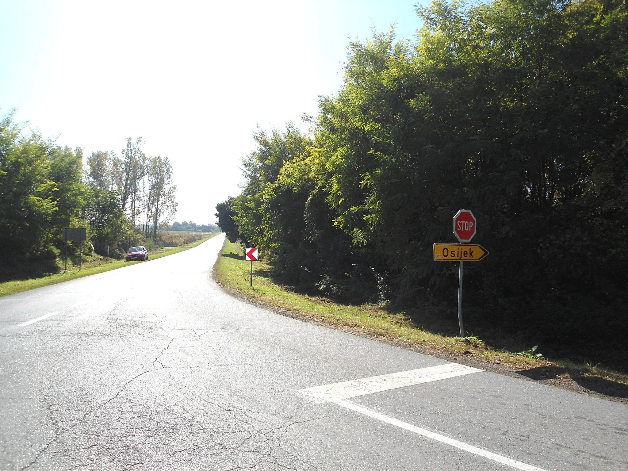 Photo showing: Početak županijske ceste Ž4041 kod Bolmanskog spomenika, odvajanje od državne ceste D517 iz smjera Baranjskog Petrovog Sela. Putokaz pokazuje prema Osijeku.