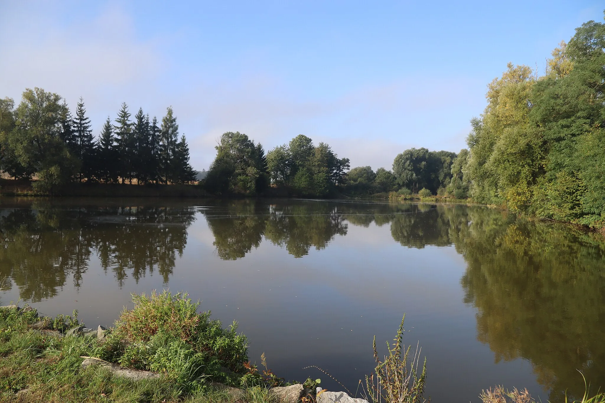 Photo showing: Overview of pond Slavický rybník in Slavice, Třebíč, Třebíč District.