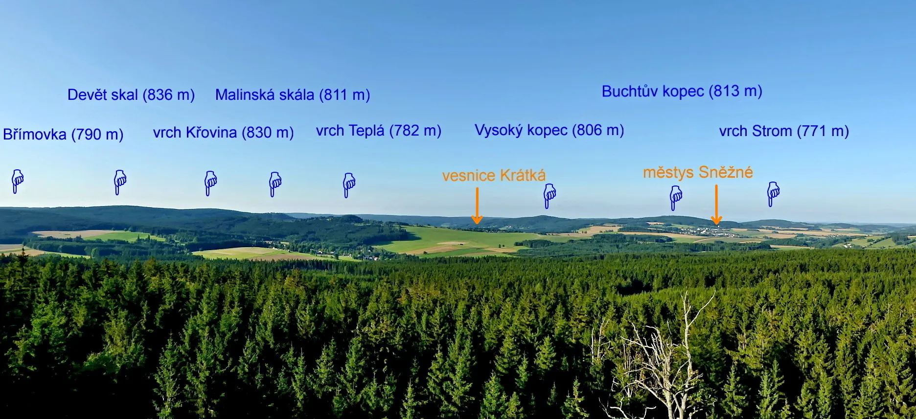 Photo showing: "Pasecká" Rock is a rock formation in the geomorphological district "Pohledeckoskalská" Highlands. The top part consists of three rock blocks with the czech names "Vyhlídka, Omšelý hřeben, Pernštejn". Rocks are separated by deep rock crevices. On the rock block called Vyhlídka (819 m above sea level) there is a lookout point. A blue tourist route of the Club of Czech Tourists leads to the top, view with the peaks of Žďárské vrchy. A panoramic view from the "Pasecká" Rock, from a rock block "Vyhlídka". In the photo from left are the tops with czech names: " Břímovka, Devět skal, Křovina, Malinská skála a Teplá" in the geomorphological district "Devítiskalská" Highlands and the hills "Vysoký kopec, Buchtův kopec a Strom" in the geomorphological district "Pohledeckoskalská" Highlands.  Photo-location: Czechia, "Vysočina" Region, small hamlet "Studnice", part of town "Nové Město na Moravě, "Pohledeckoskalská" Highlands, view from the "Pasecká" Rock.