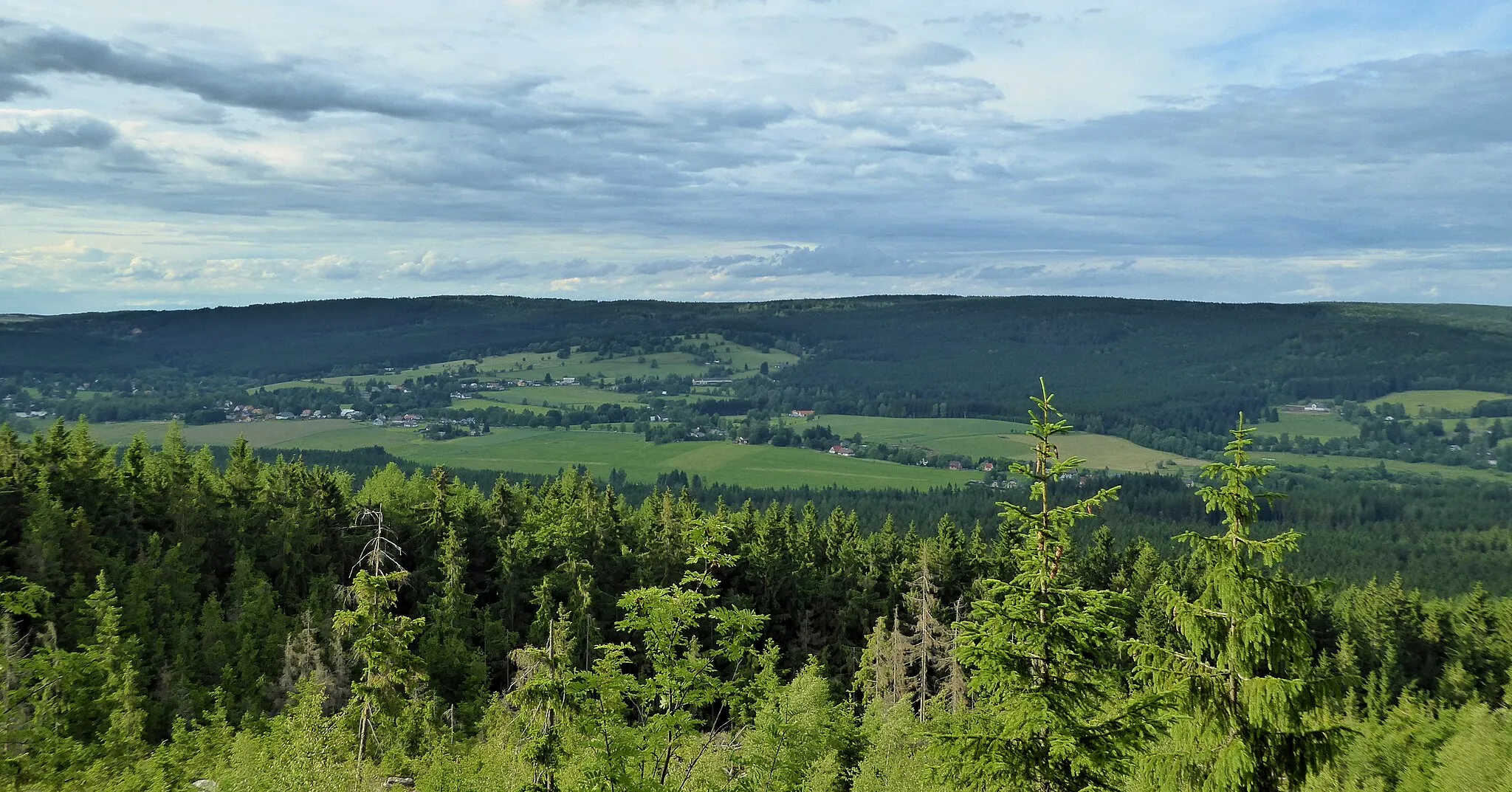 Photo showing: "Borovský" forest (forest massif on the horizon) is a landscape area and a geomorphological district in the northern part of "Žďárské" Hills. It is part of the "Hornosvratecká" Highlands in regional breakdown shape of the earth's surface of Czechia. View from the top of the Malinska Rock (811 m above sea level) in "Devítiskalská" Highlands. Photo location: Czechia, Vysočina Region, villages Křižánky.