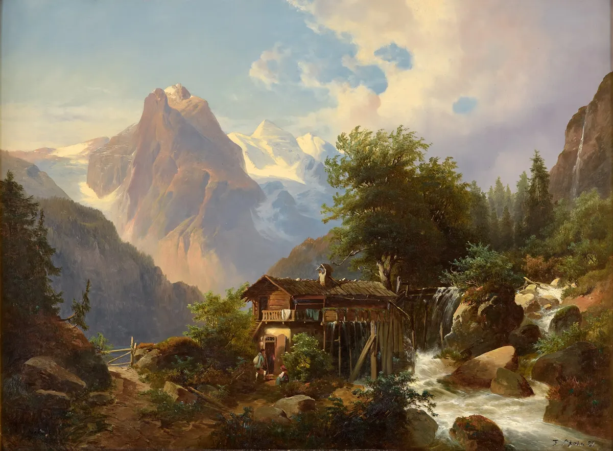 Photo showing: Wassermühle im Gebirge. Signiert. Datiert (18)86. Öl auf Leinwand, 75 x 100 cm