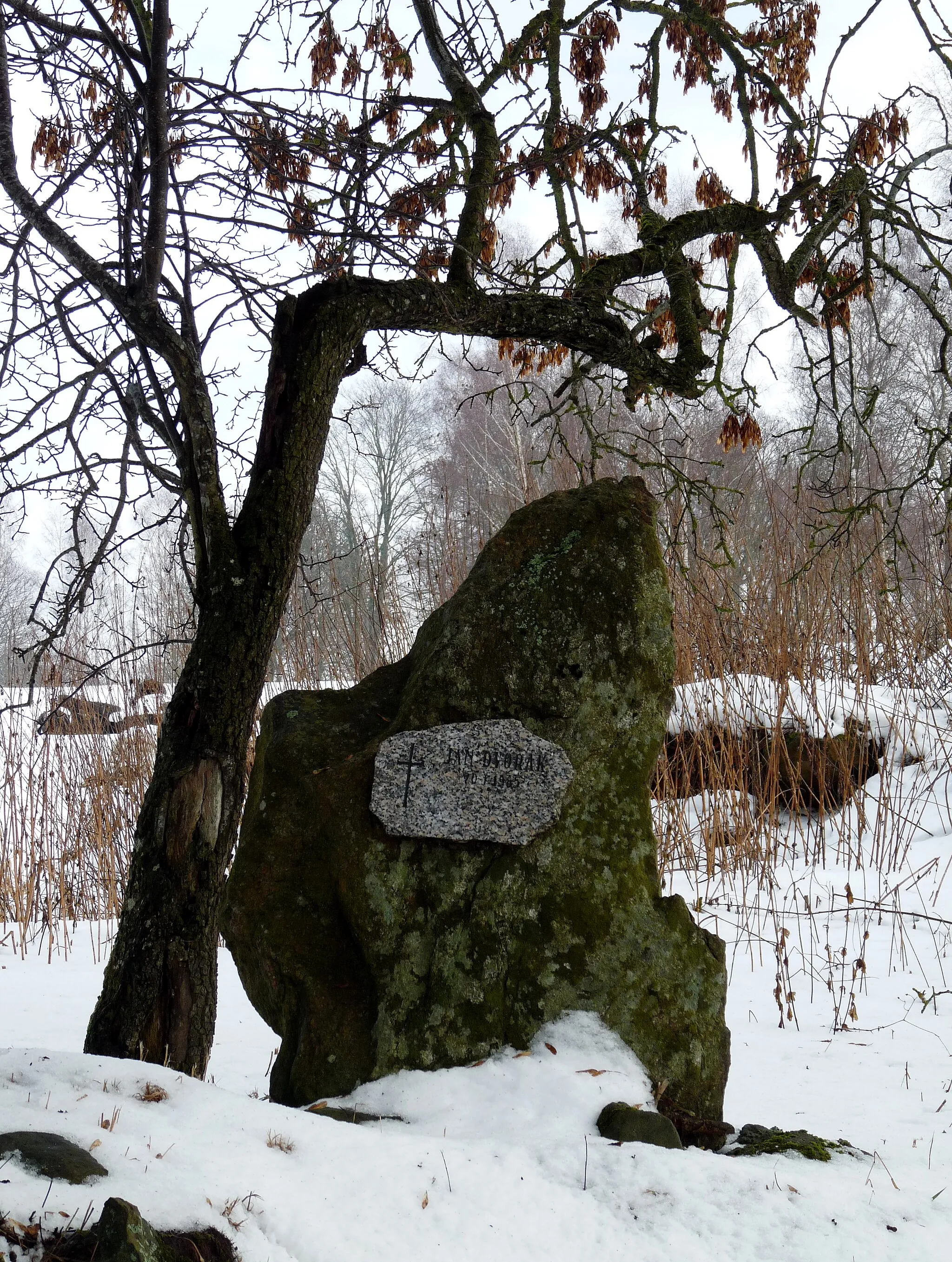 Photo showing: Oak tree with a memorial in the village of Zátoň, Prachatice District, South Bohemian Region, Czech Republic - detail of the monument.