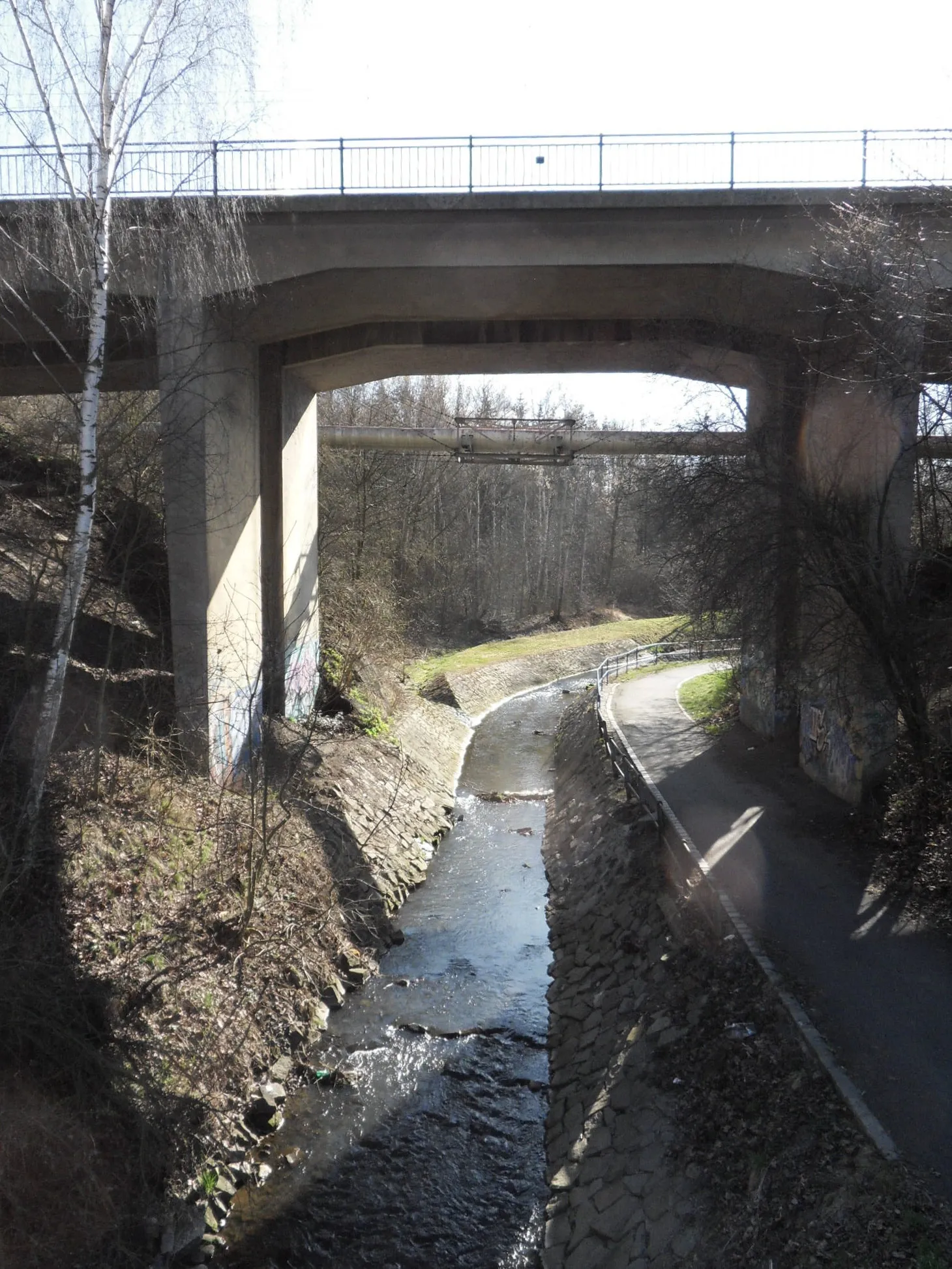 Photo showing: Vejprnický potok (stream) in Skvrňany (suburb of Plzeň). The railway bridge of the Plzeň - Cheb is in the background.