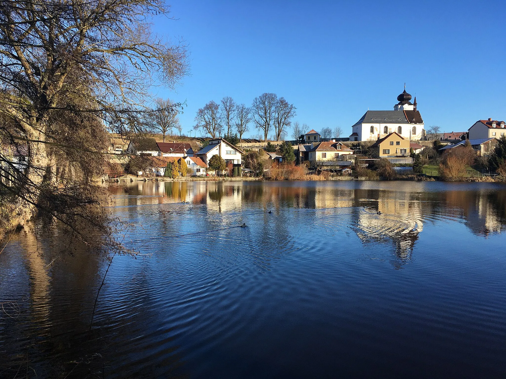 Photo showing: Obec Počepice, rybník Návesník, gotický kostel sv. Jana Křtitele