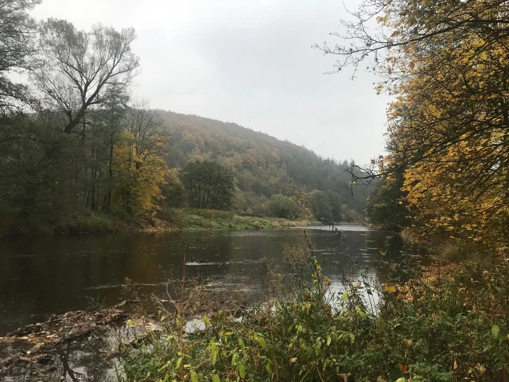 Photo showing: Pohled na Kněží horu ze vzdálenosti asi 1 km. V popředí řeka otava, která je v těchto místech mělká a klidná