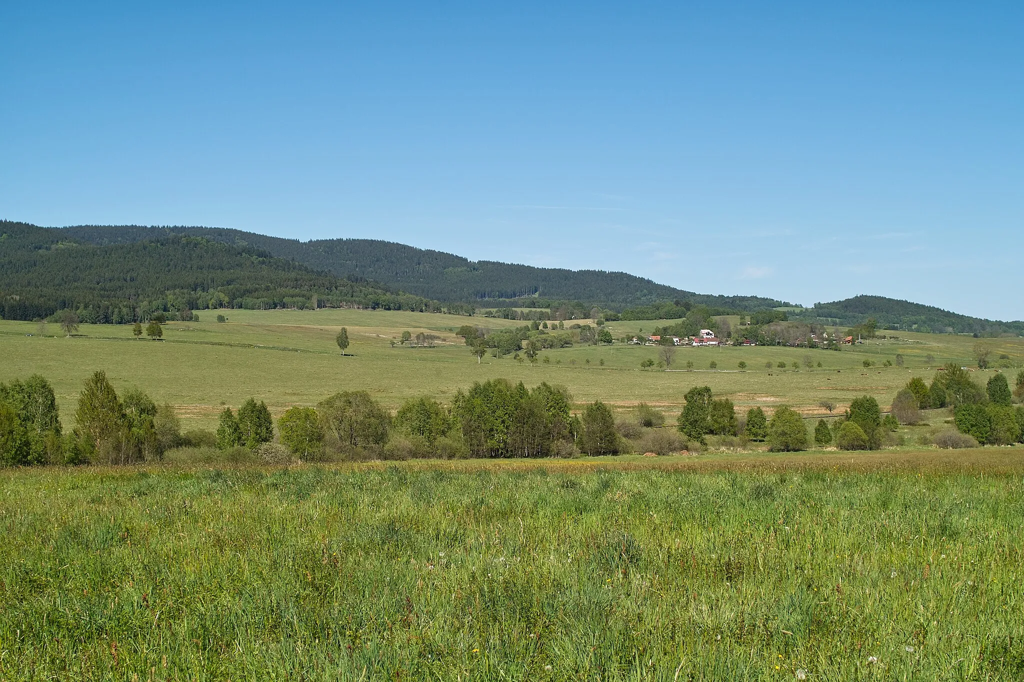 Photo showing: Maňava u Horní Plané a Telecí vrch - 844 m. n. m. (nad Maňavou). Vlevo od Maňavy: Nad Starou Hutí (1048  m. n. m.), 1173 m. n. m., Špičák (1216 m. n. m.), před ním 1001 m. n. m., dále Kapradinec 1083 - 1097 m. n. m. - vrchy ve vojenském újezdu Boletice.