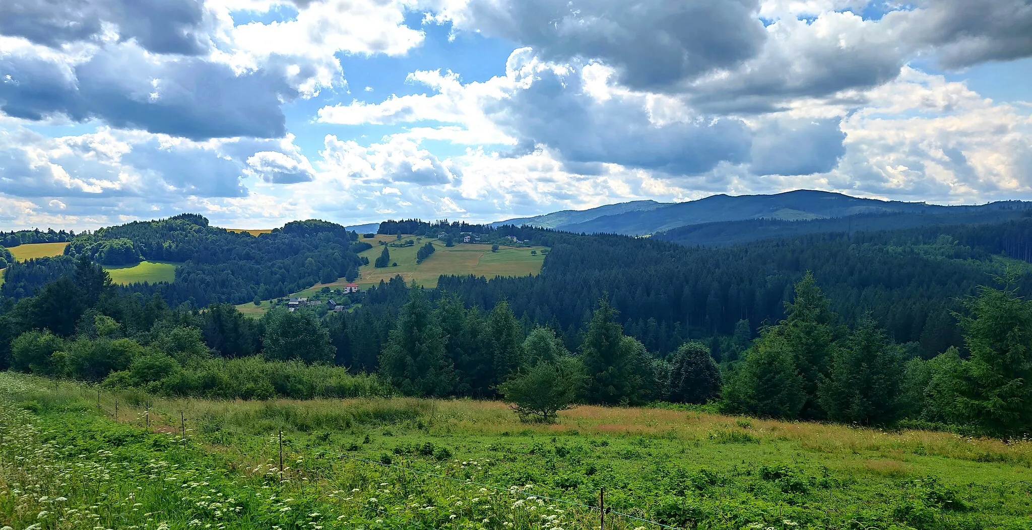 Photo showing: Výhled z hranice na Moravskoslezské Beskydy.