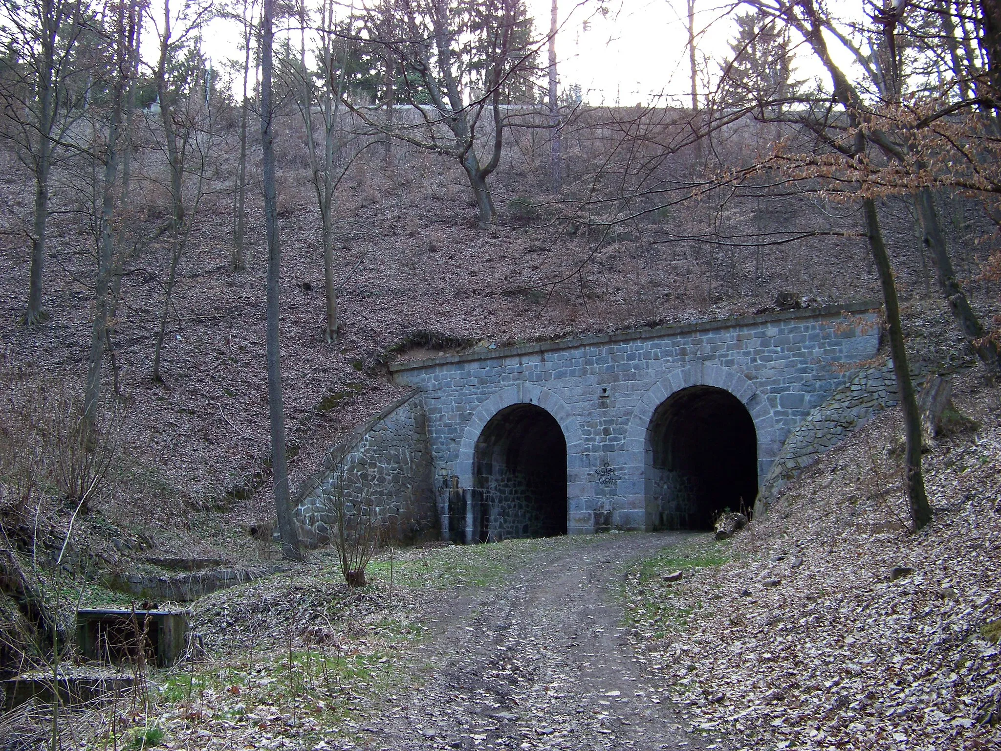 Photo showing: Senohraby and Pětihosty, Prague-East District, Central Bohemian Region, the Czech Republic. A tunnel under the railway line 221.