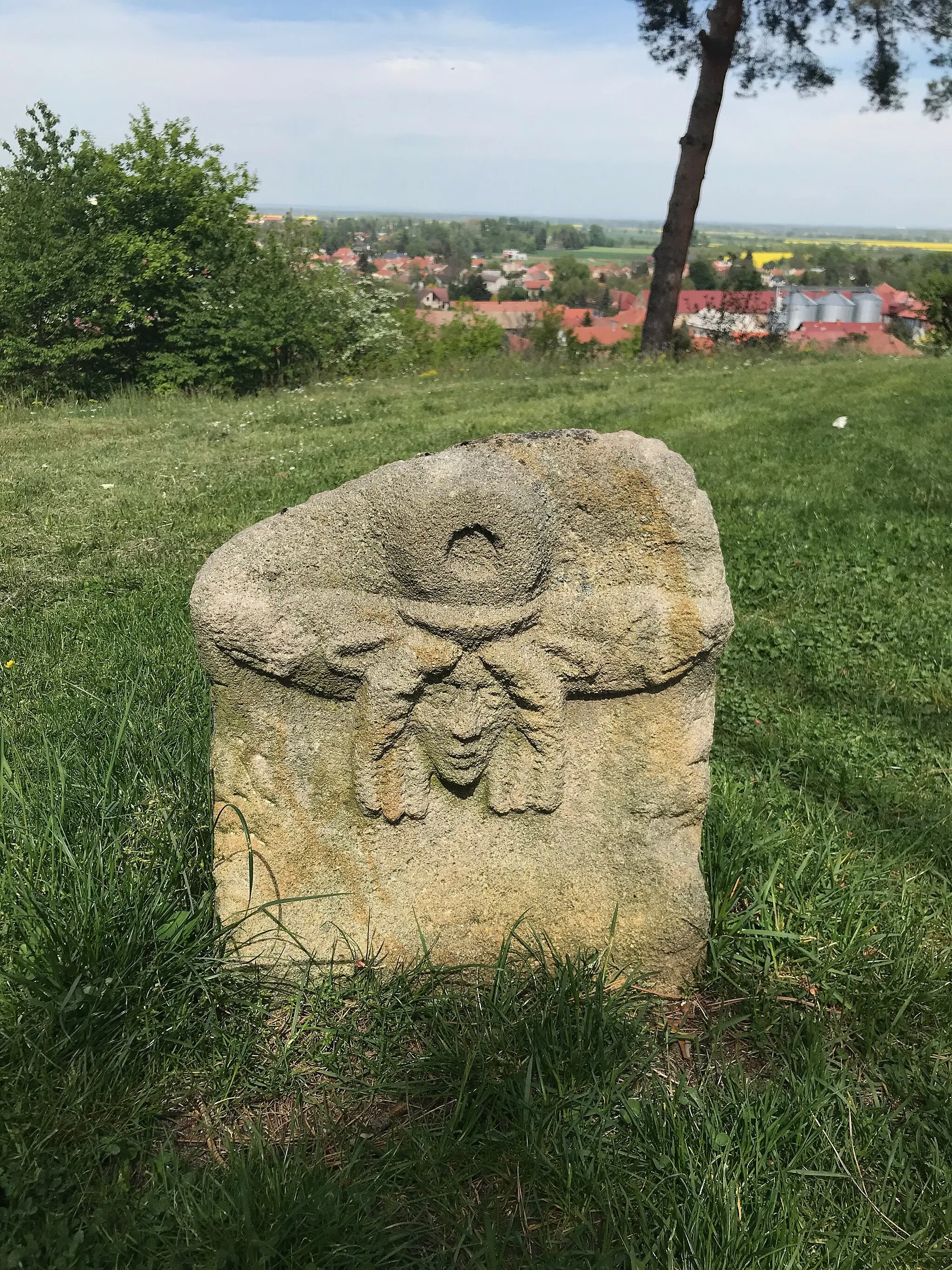 Photo showing: Overview of stone symbol 6 of Naučná stezka Markomanů in Dobřichov, Kolín District.