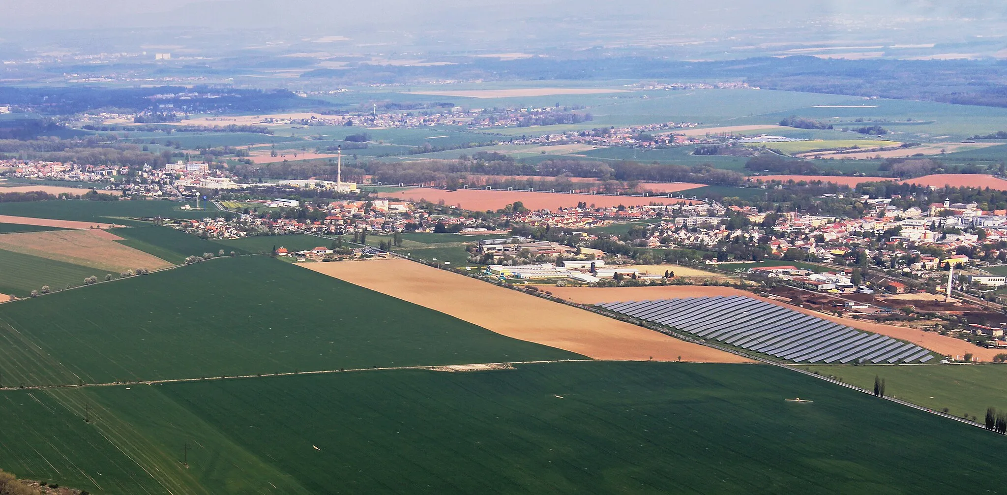 Photo showing: Small town Smiřice and village Černožice from air, eastern Bohemia, Czech Republic