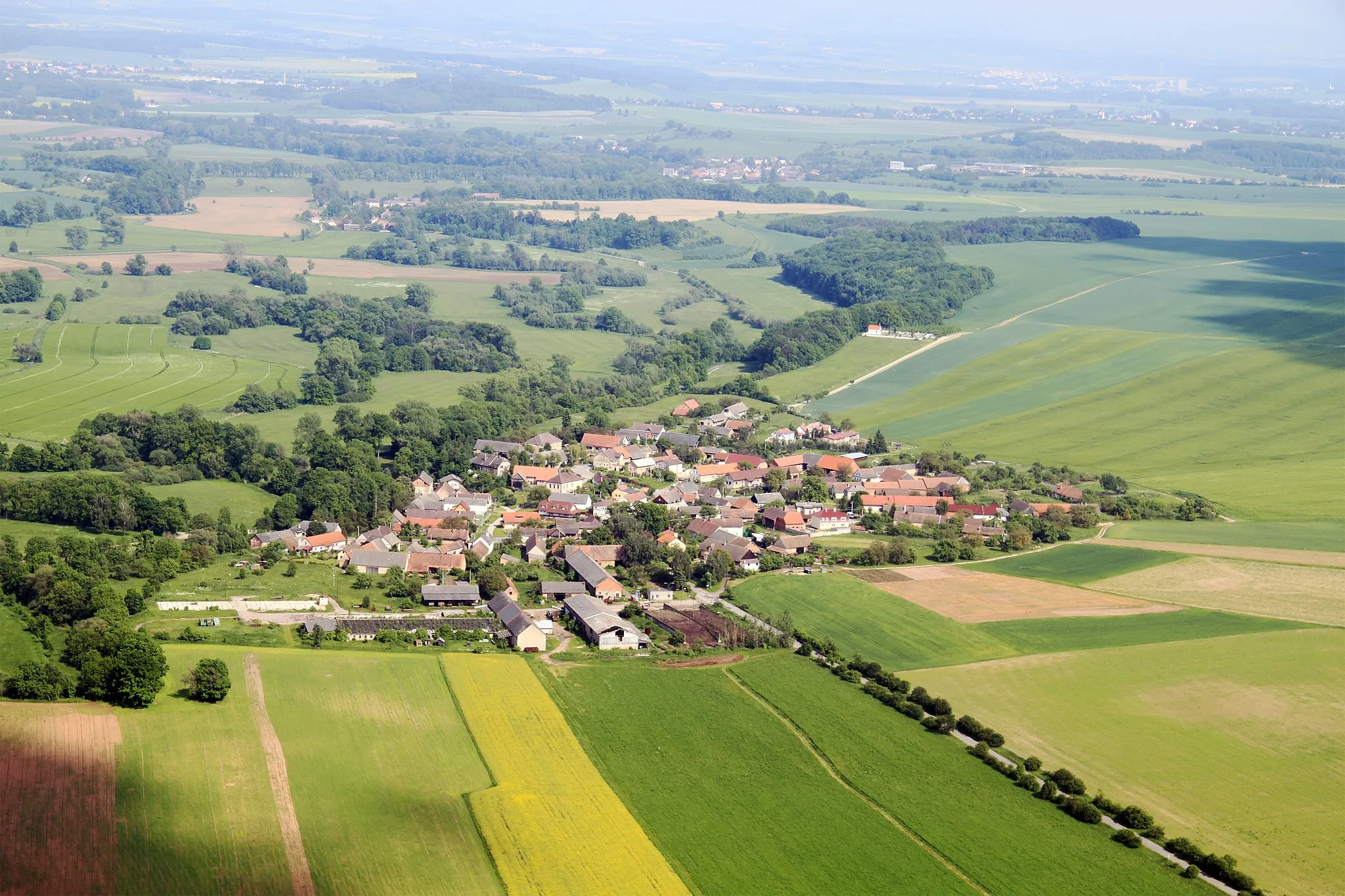 Photo showing: Village Šestajovice near of town Jaroměř from air, eastern Bohemia, Czech Republic