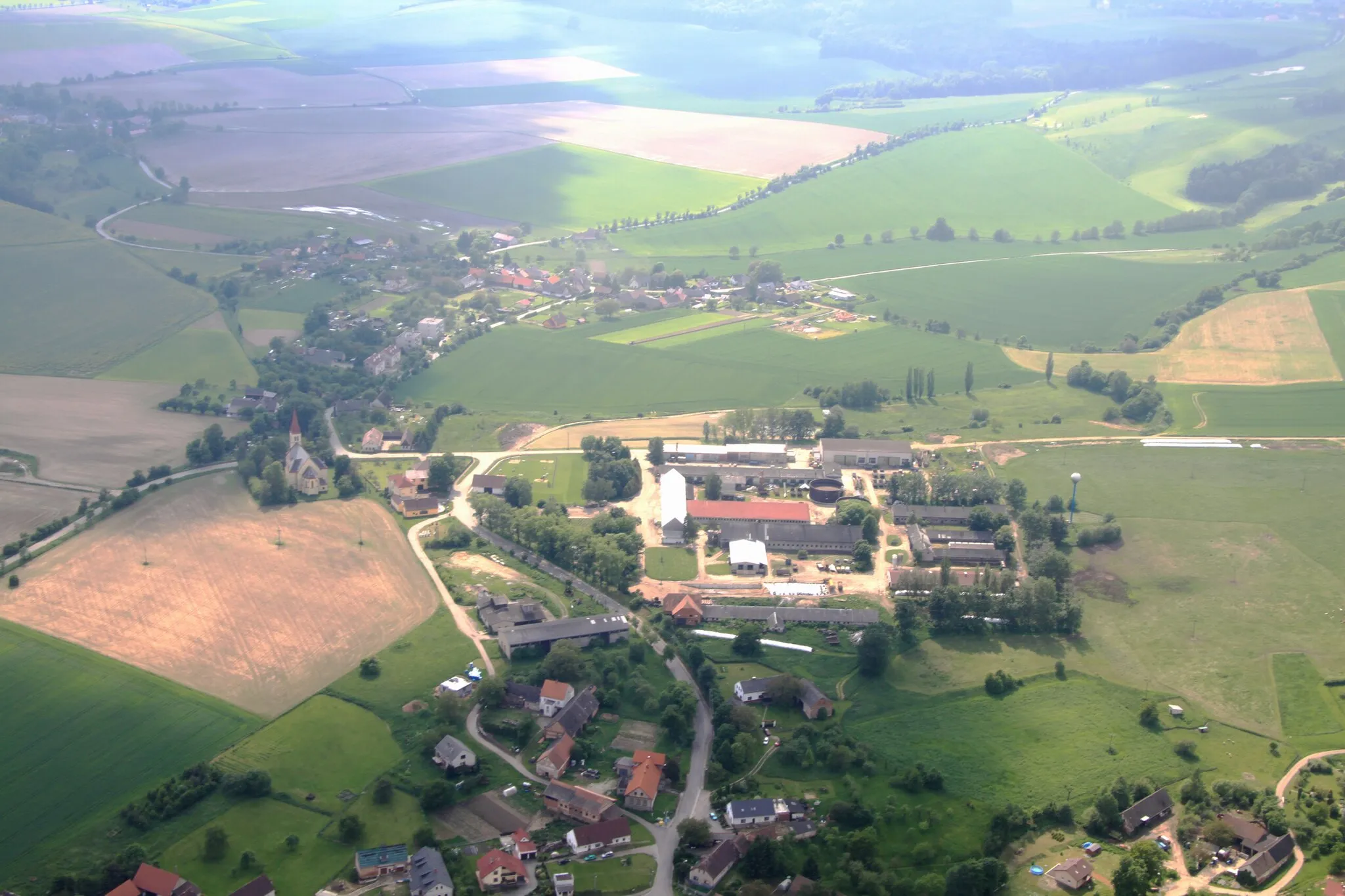 Photo showing: Village Zaloňov near of town Jaroměř from air, eastern Bohemia, Czech Republic