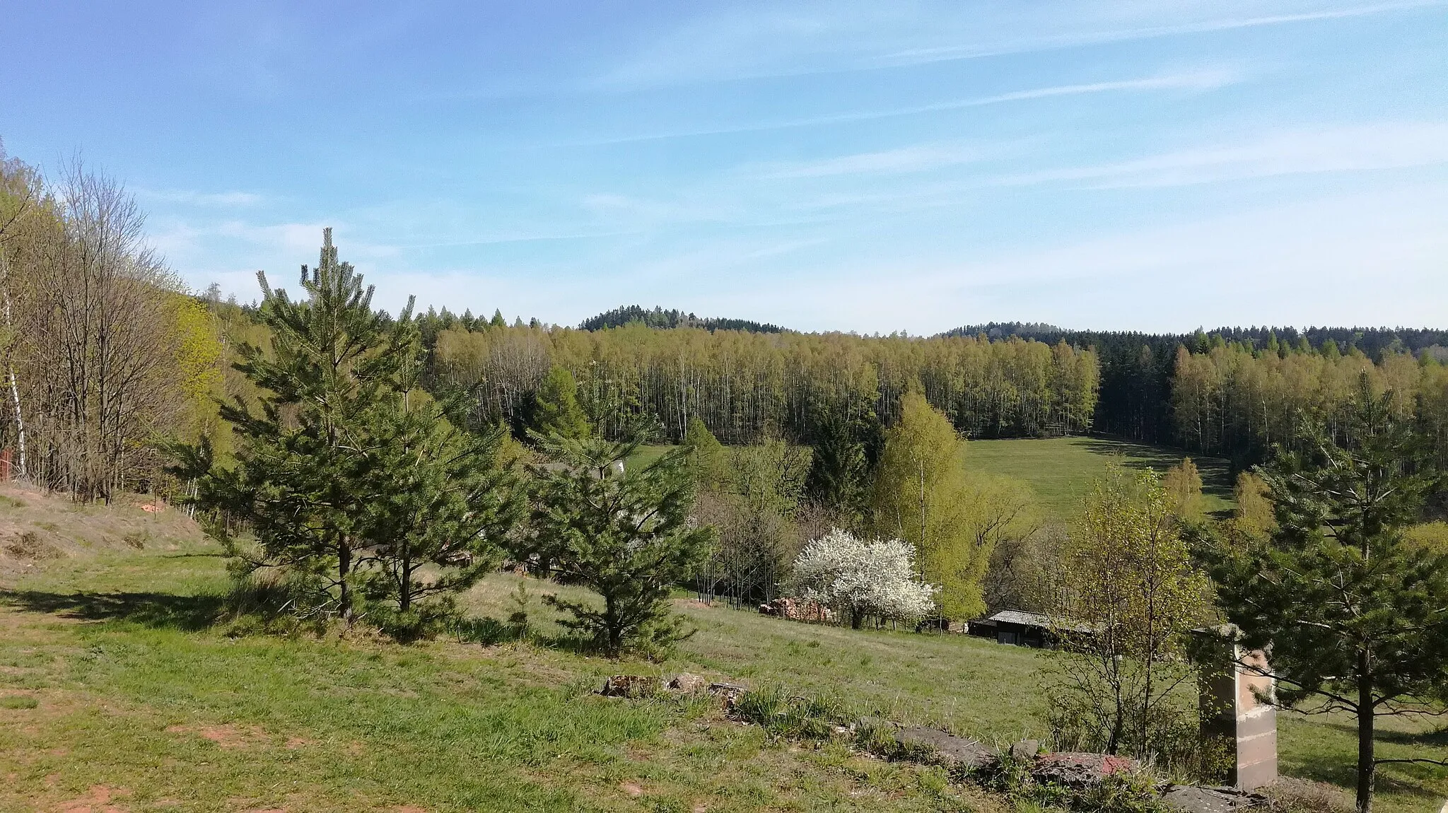 Photo showing: Krajina Bukovinské hřbetu Jestřebích hor v Závrších, za lesem vyčnívají vrchy Pstrążna (vlevo) a Lisiak (vpravo) v severní části Levínské vrchoviny