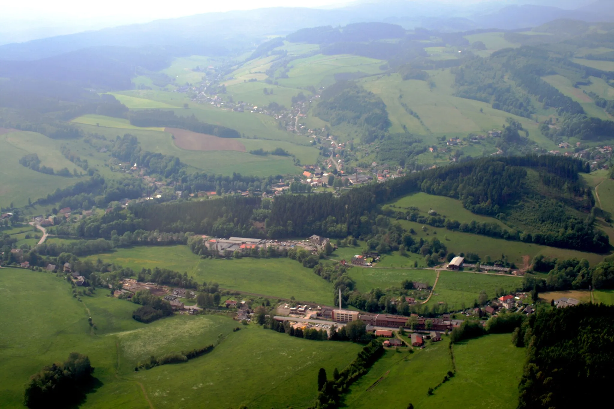 Photo showing: Small villages Žabokrky and Velký Dřevíč, parts od town Hronov from air, eastern Bohemia, Czech Republic
