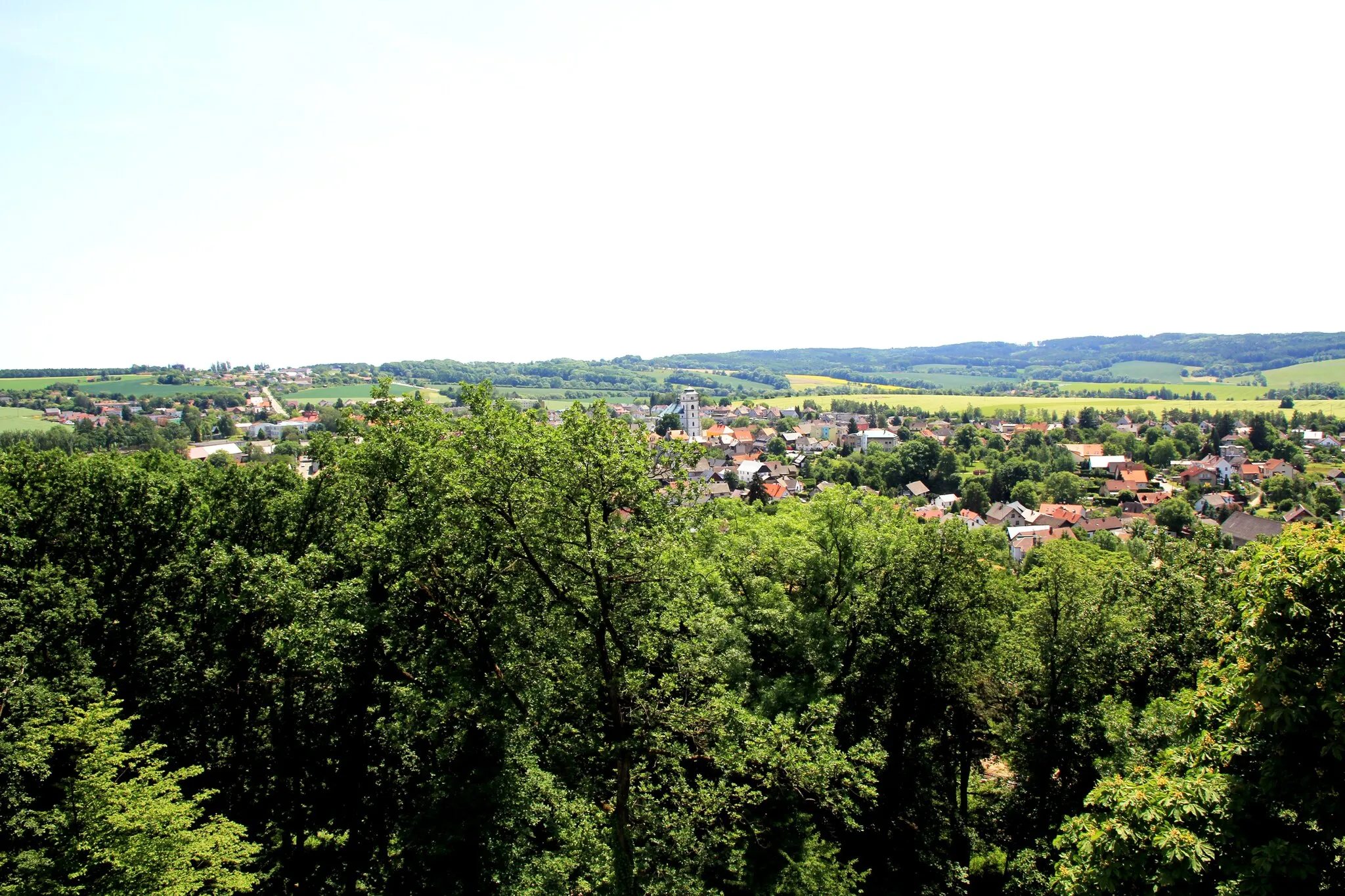 Photo showing: View from the tower of the castle Humprecht in Czech Republic to direction of town Sobotka, 2017