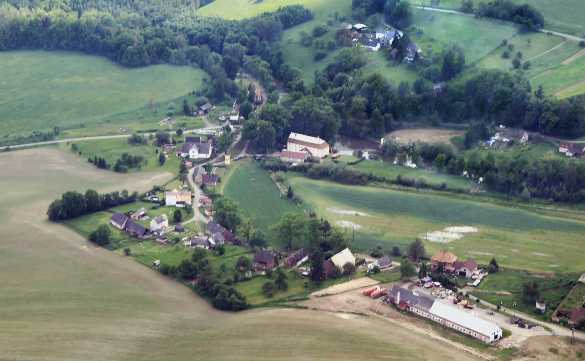 Photo showing: Village Stanovice near of town Dvůr Králové nad Labem from air, eastern Bohemia, Czech Republic