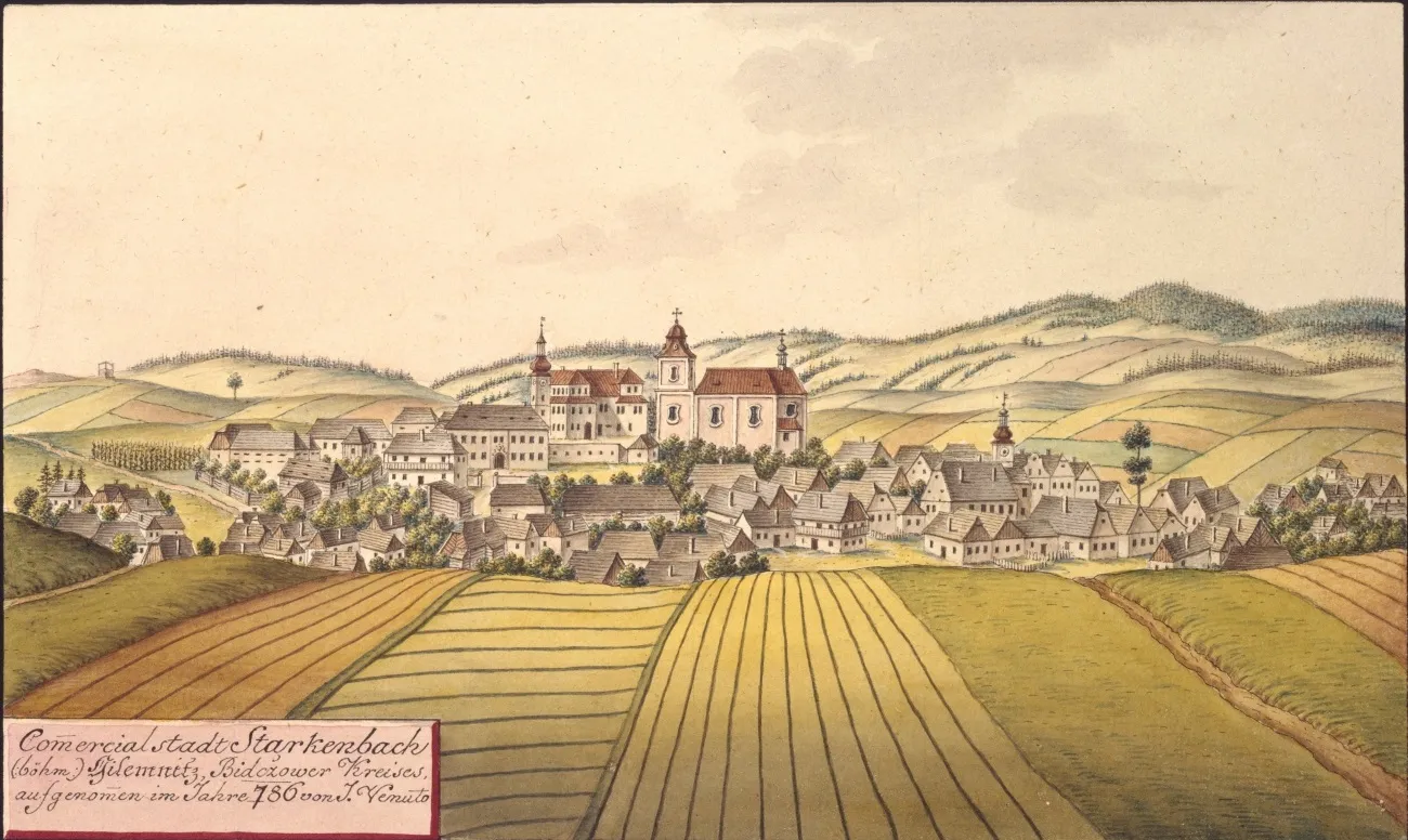 Photo showing: Jilemnice. Commercialstadt Starkenbach böhm Gilemnitz, Bidcžower Kreises aufgenommen im Jahre 1786 von J. Venuto