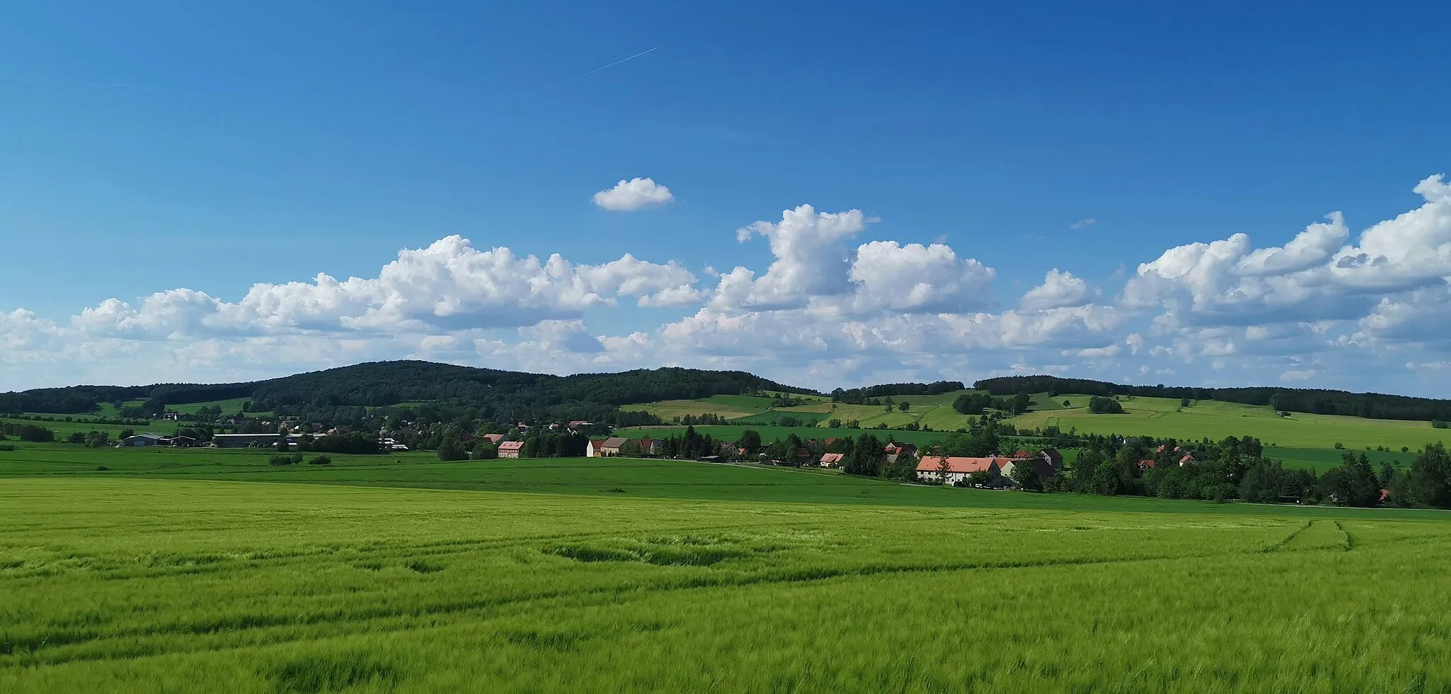 Photo showing: Blick über Königshain auf die Königshainer Berge, Richtung Hochstein