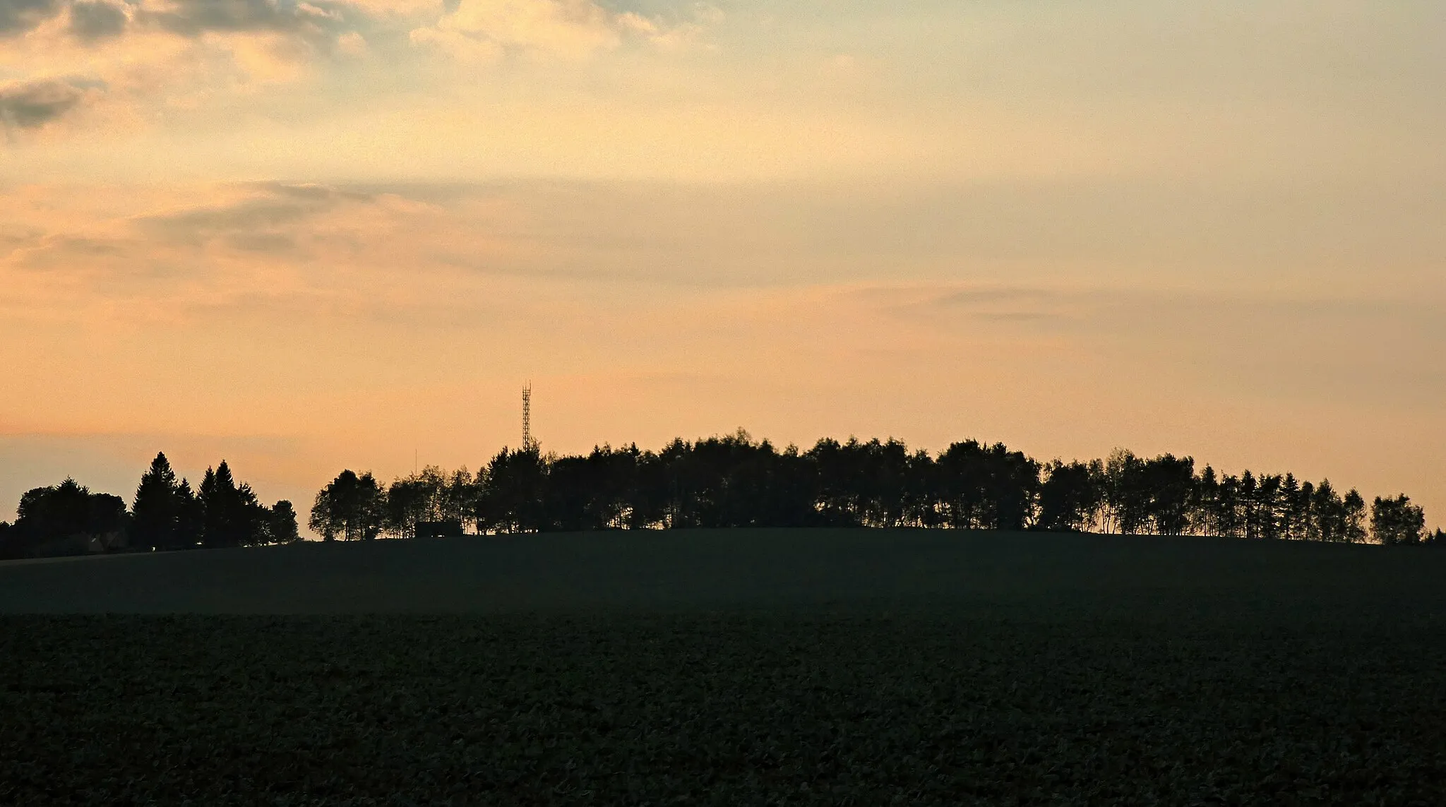 Photo showing: Vestec (668,0 m n.m.) je nejvyšší vrchol Chráněné krajinné oblasti Železné hory a významný výškový bod Kameničské vrchoviny a také Sečské vrchoviny v pohoří Železných hor na území Česka. Leží na katastrálním území obce Slavíkov v okrese Havlíčkův Brod v Kraji Vysočina. Při západu slunce zvýrazňují sluneční paprsky reliéf vrchu kuželovitého tvaru s jeho široce zaoblenou vrcholovou částí s porostem dřevin, ze kterých vyčnívá stožár televizního zesilovače. Ten stojí na konci zpevněné místní komunikace, po které je vedena turistická značená trasa směřující zleva od Horního Vestce. Dále pokračuje jen polní cesta (bez turisticky značené trasy) směrem na Barovice. Zaměřený výškový trigonometrický bod č. 13 státního triangulačního systému se žulovým geodetickým označníkem nazvaným Na Babyloně s kótou 668,01 m n.m. ve vrcholové části Vestce se nachází na ploše zemědělsky obdělávaného pole zhruba 130 m od stožáru televizního zesilovače severozápadním směrem. Foto: vzdálenost 730 m ke stromořadí, střed záběru ve směru výškového trigonometrického bodu.