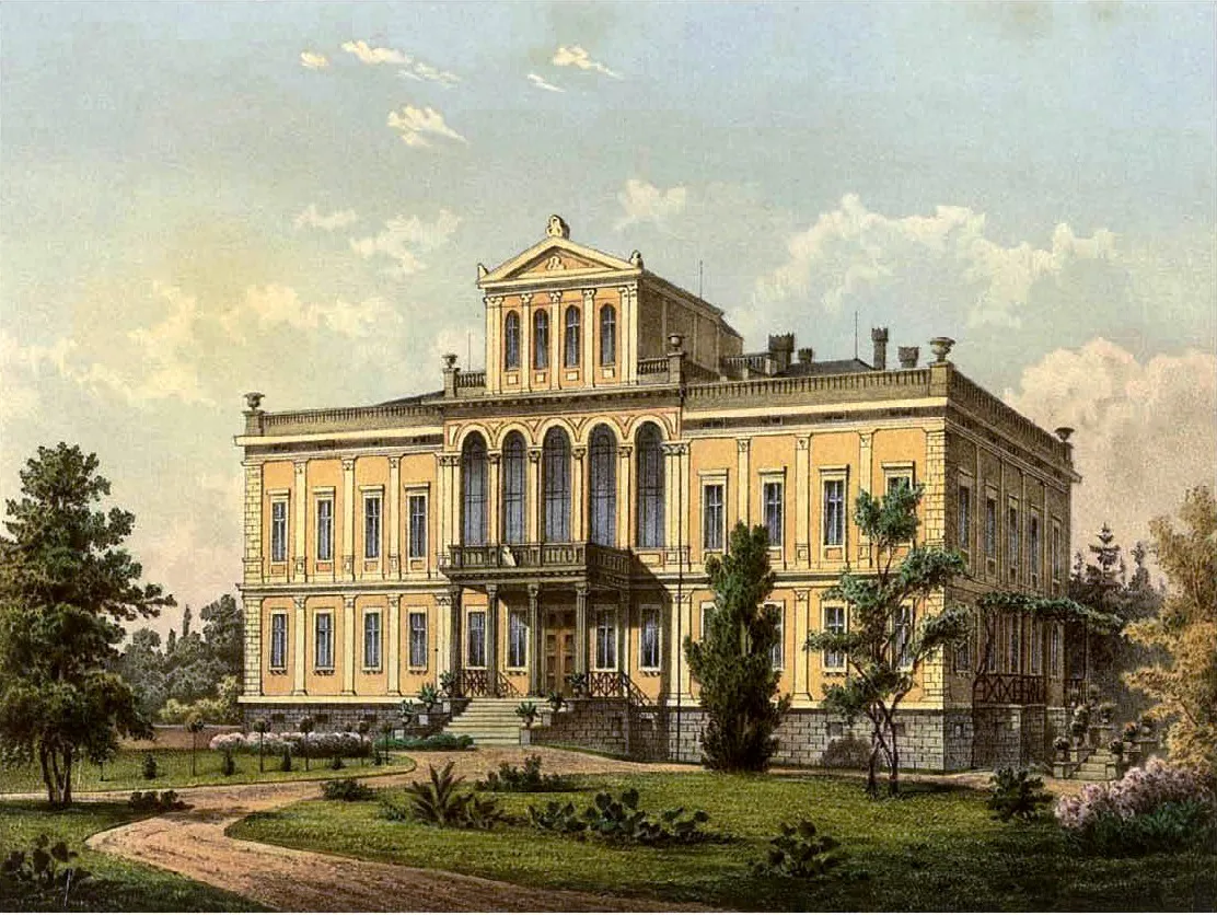 Photo showing: Rittergut Nieder Schönbrunn, Kreis Lauban, Provinz Schlesien, Lithografie aus dem 19. Jahrhundert, http://www.glogow.pl/okolice/podstrony/zgorzelecki/studniskadolne.htm