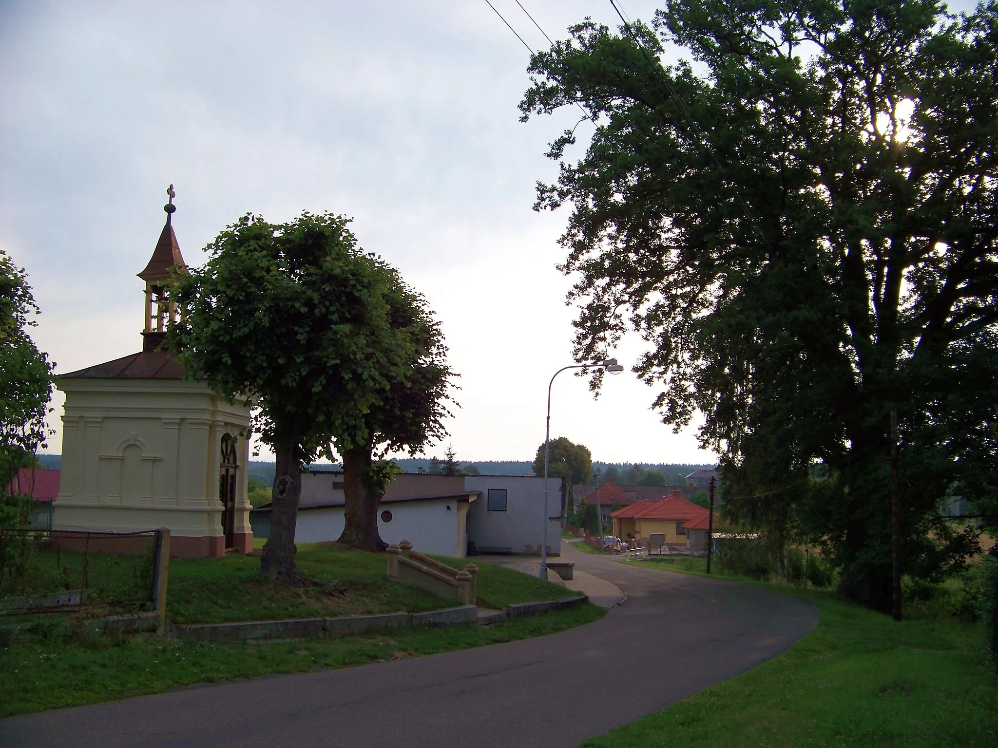 Photo showing: Čermná nad Orlicí-Malá Čermná, Rychnov nad Kněžnou District, Hradec Králové Region, the Czech Republic. A road and a chapel.