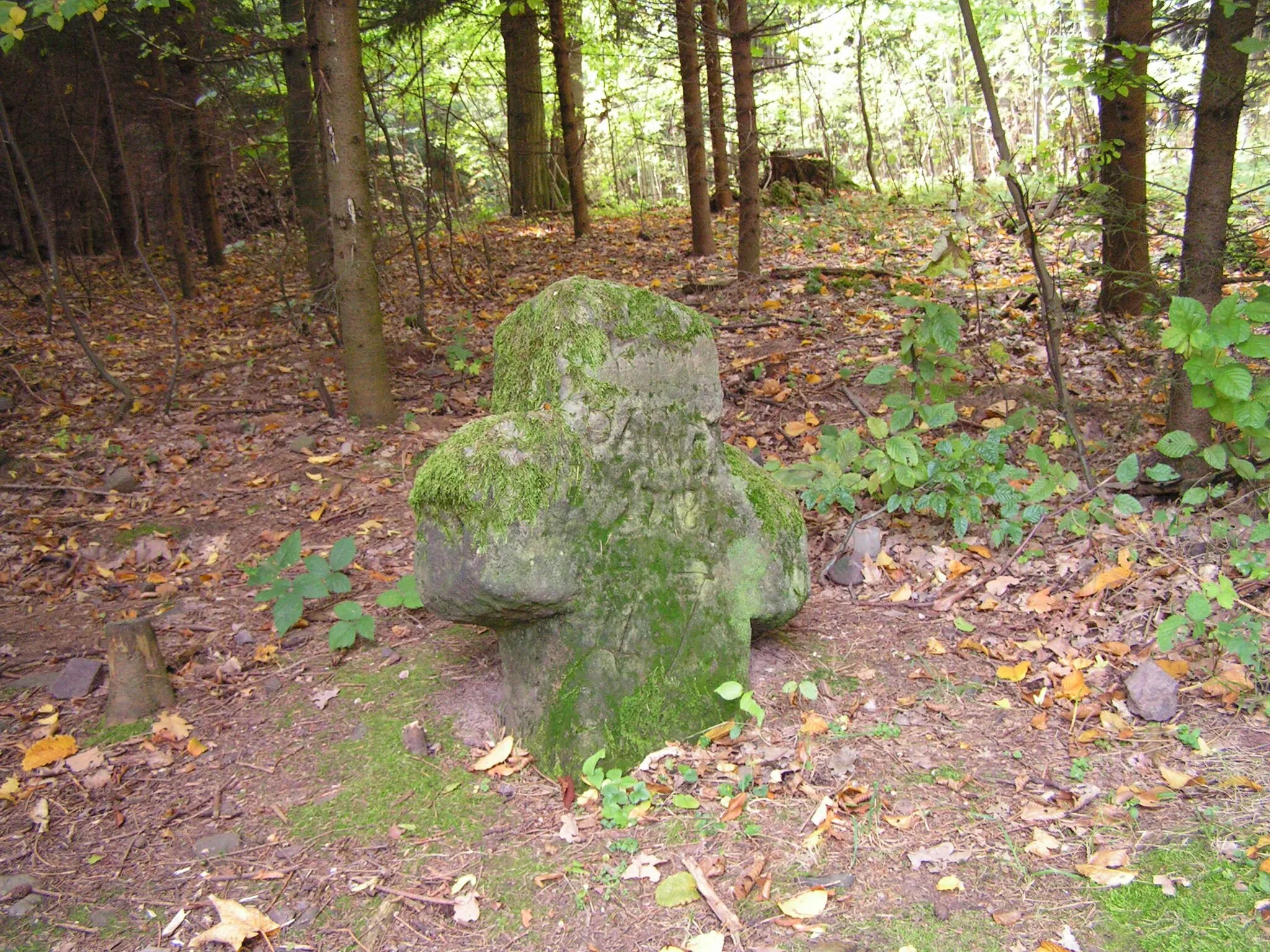 Photo showing: Radim-Tužín (Jičín District). The cross of stone (in the wood, by the way from Podhájí to Tužín)