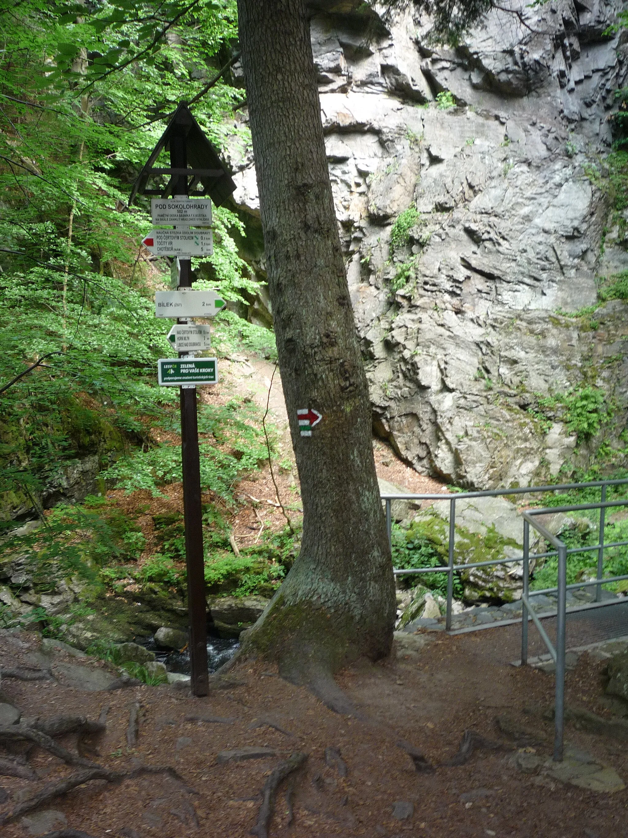 Photo showing: Autor fotografie Jiří Zelenka . Sokolohrady . Naučná stezka CH.K.O Údolím Doubravy -  úsek řeky Doubravy mezi obcí Bílek a městem Chotěboř. Lávka nad řekou Doubravou pod skalním masívem Sokolohrady. V horní části základy historického Sokolohradu a terasa. Rozcestník a památná deska pod Sokolohrady. Město Chotěboř. Okr. Havlíčkův Brod. Kraj Vysočina. Czech