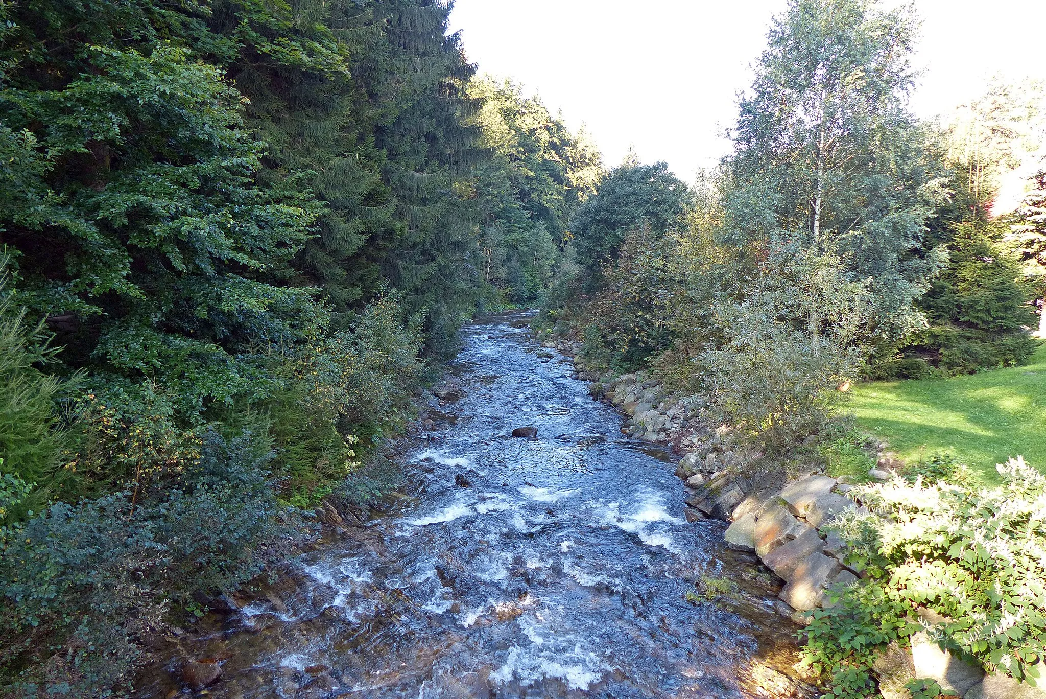 Photo showing: Divoká Desná viewed in the flow direction from a bridge by the Kouty ski-area information center.