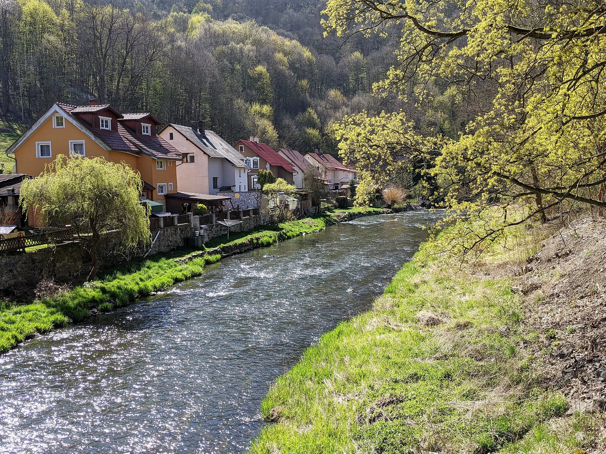 Photo showing: Františkov nad Ploučnicí - tok řeky Ploučnice pod hradem Ostrým