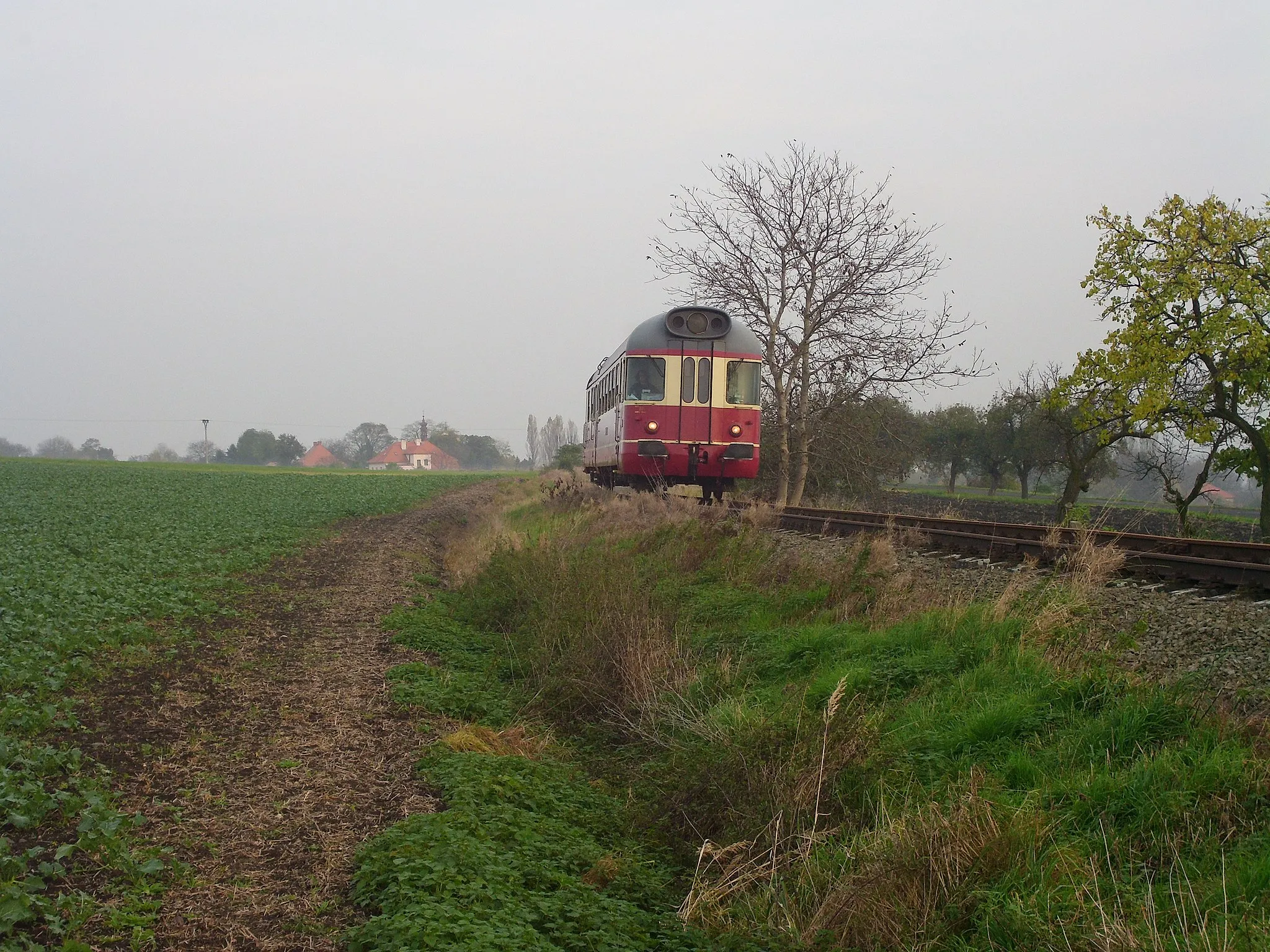 Photo showing: Railcar M286.1008 of KŽC Doprava on the way from Dlažkovice (village in the background) towards Podsedice, on a route from Čížkovice to Obrnice.