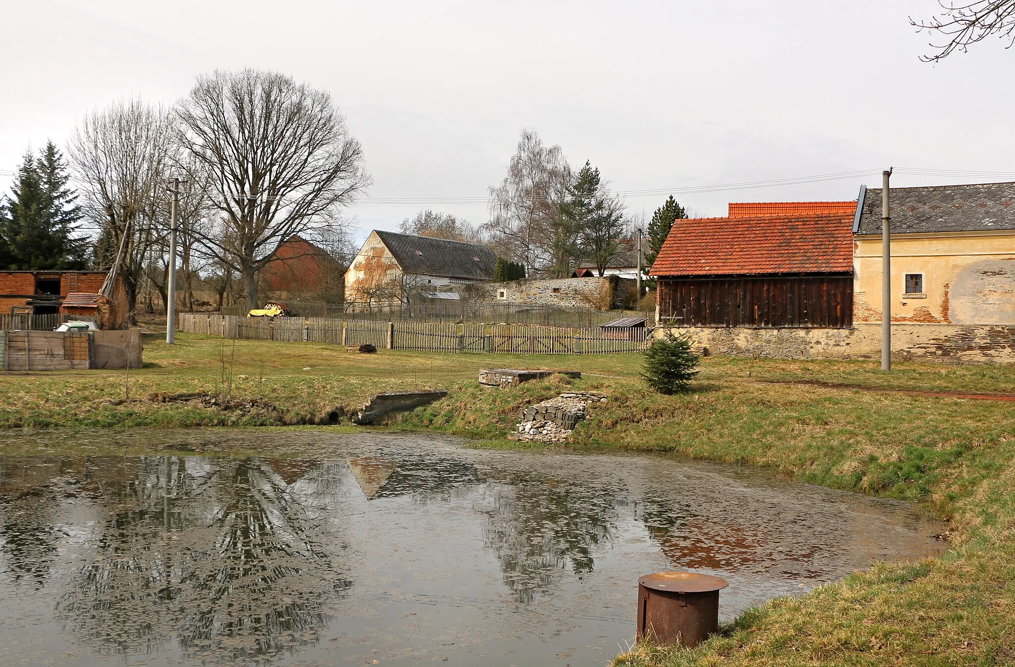 Photo showing: Common pond in Něšov, part of Pernarec, Czech Republic.