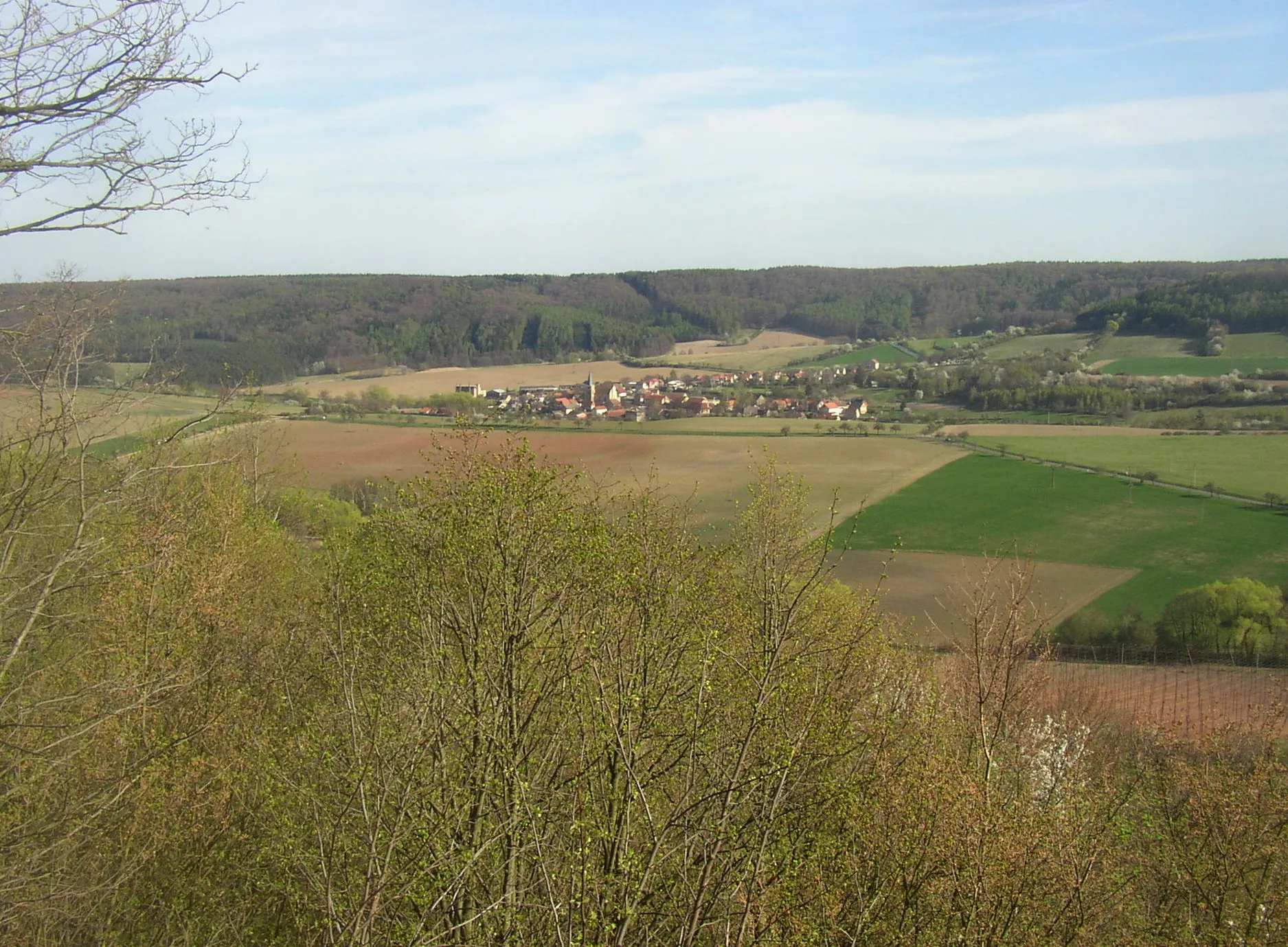 Photo showing: Village of Srbeč, Rakovník District, Czech Republic, as seen from the northewest, from lookout point above nature reserve of Milská stráň. A road connecting Milý and Srbeč runs from the right edge across the field, Market town of Mšec is located out of sight behind the forested right horizon.