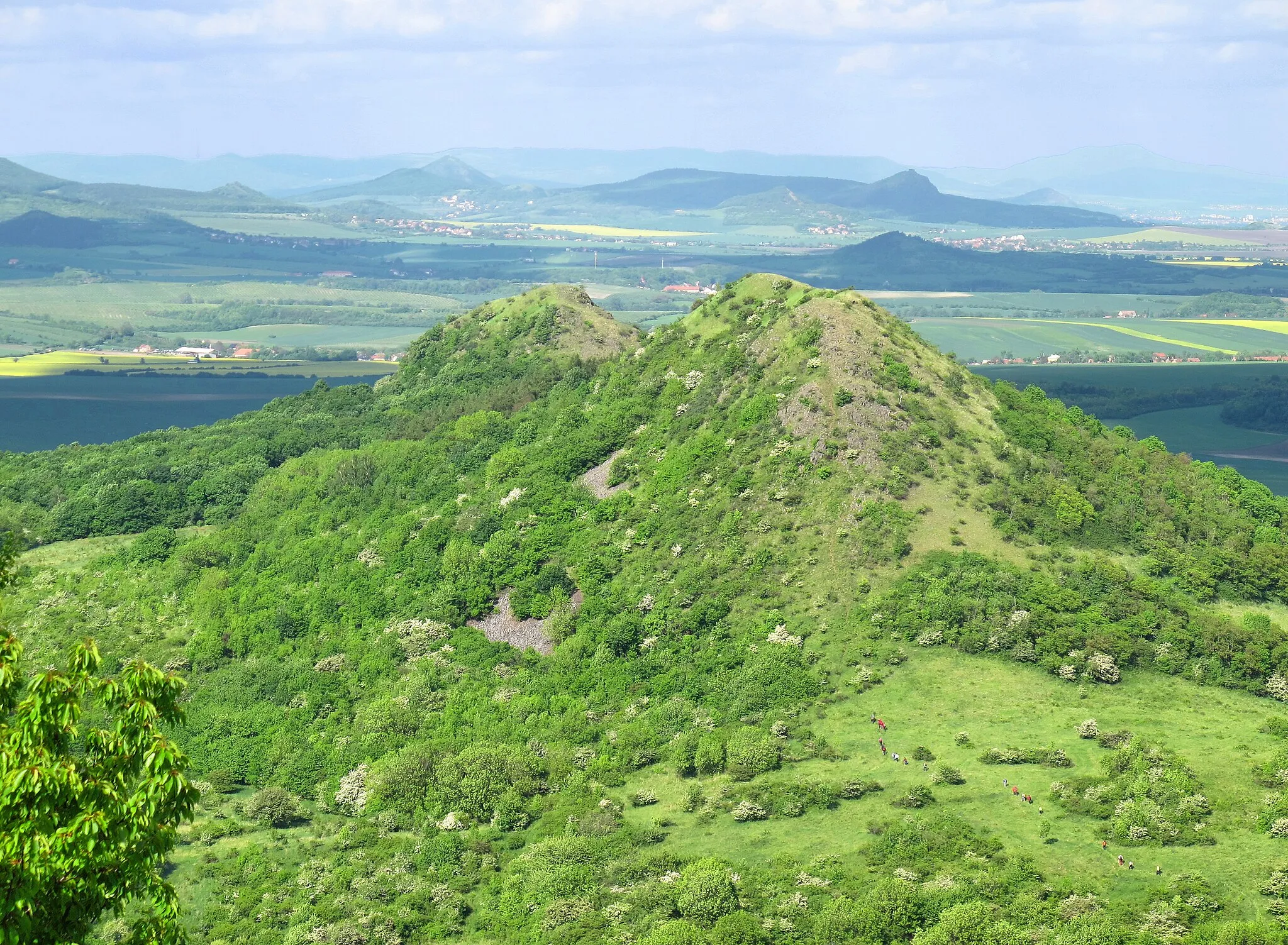 Photo showing: Srdov (482 m) a Brník (471 m) v Českém středohoří z Oblíku (509 m)