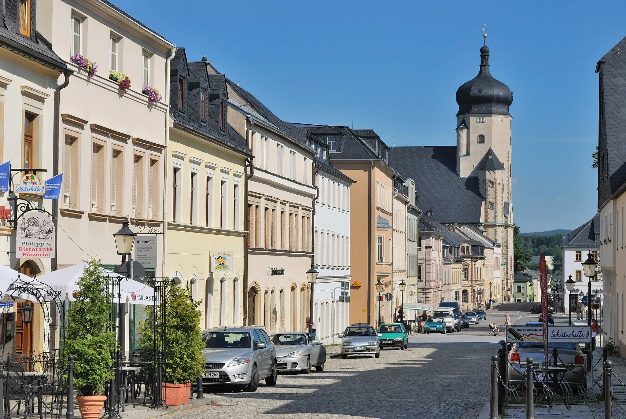 Photo showing: View through the Zschopauer Street to the church St. Marien in Marienberg, Saxony in Germany.