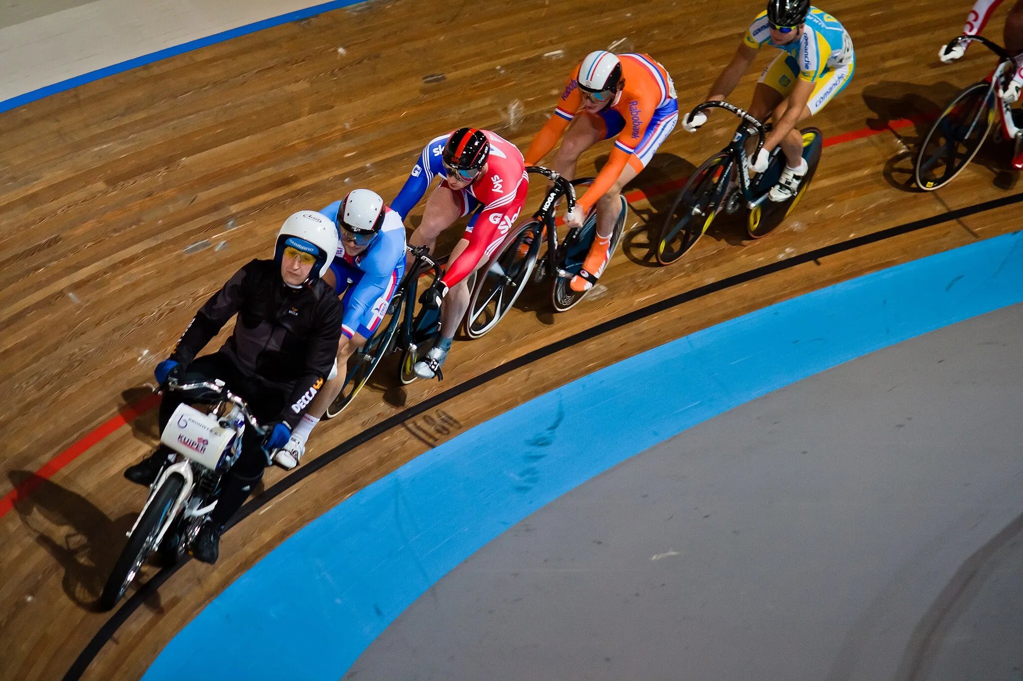 Photo showing: Men's keirin qualiying, heat 2. Adam Ptacnik (CZE#, Matthew Crampton #GBR#, Hugo Haak #NED# & Andril Kutsenko #UKR).

At the 2011 European Elite Track Cycling Championships in Apeldoorn, Netherlands.