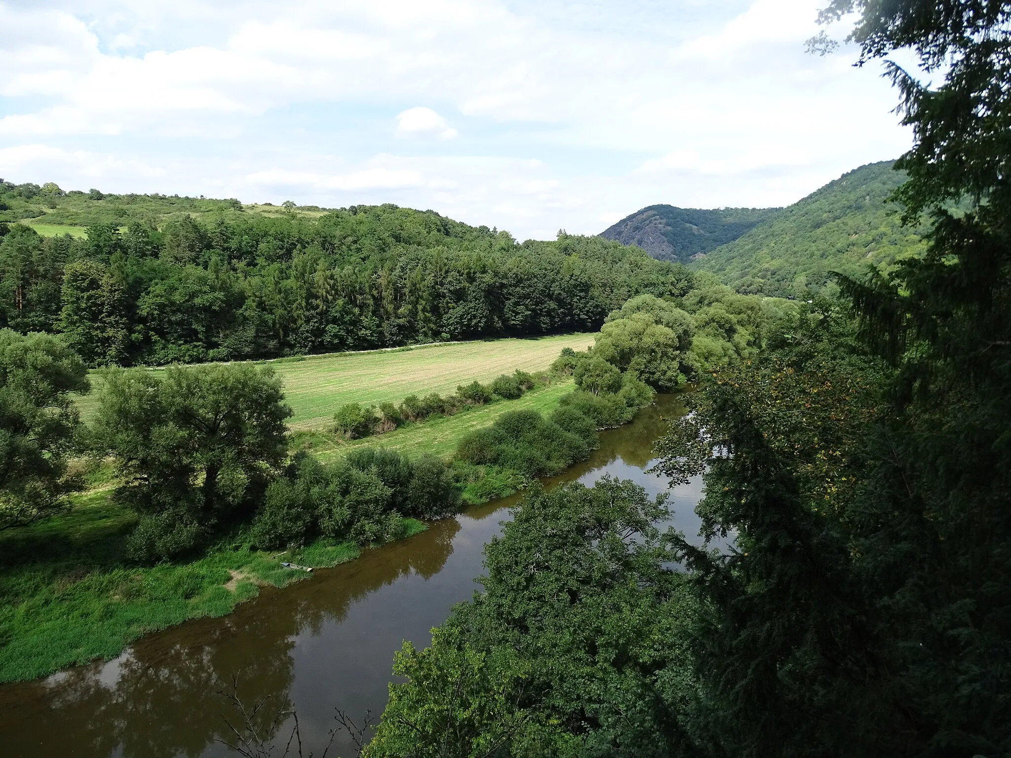 Photo showing: Skryje, Rakovník District, Central Bohemian Region, the Czech Republic. Týřov national nature reserve, Luh, a path along the Berounka river. A view to Týřovice.