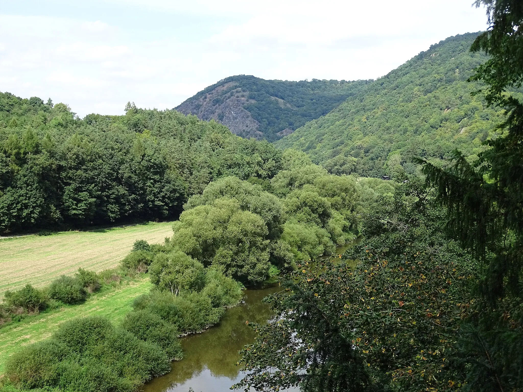 Photo showing: Skryje, Rakovník District, Central Bohemian Region, the Czech Republic. Týřov national nature reserve, Luh, a path along the Berounka river. A view to Týřovice.