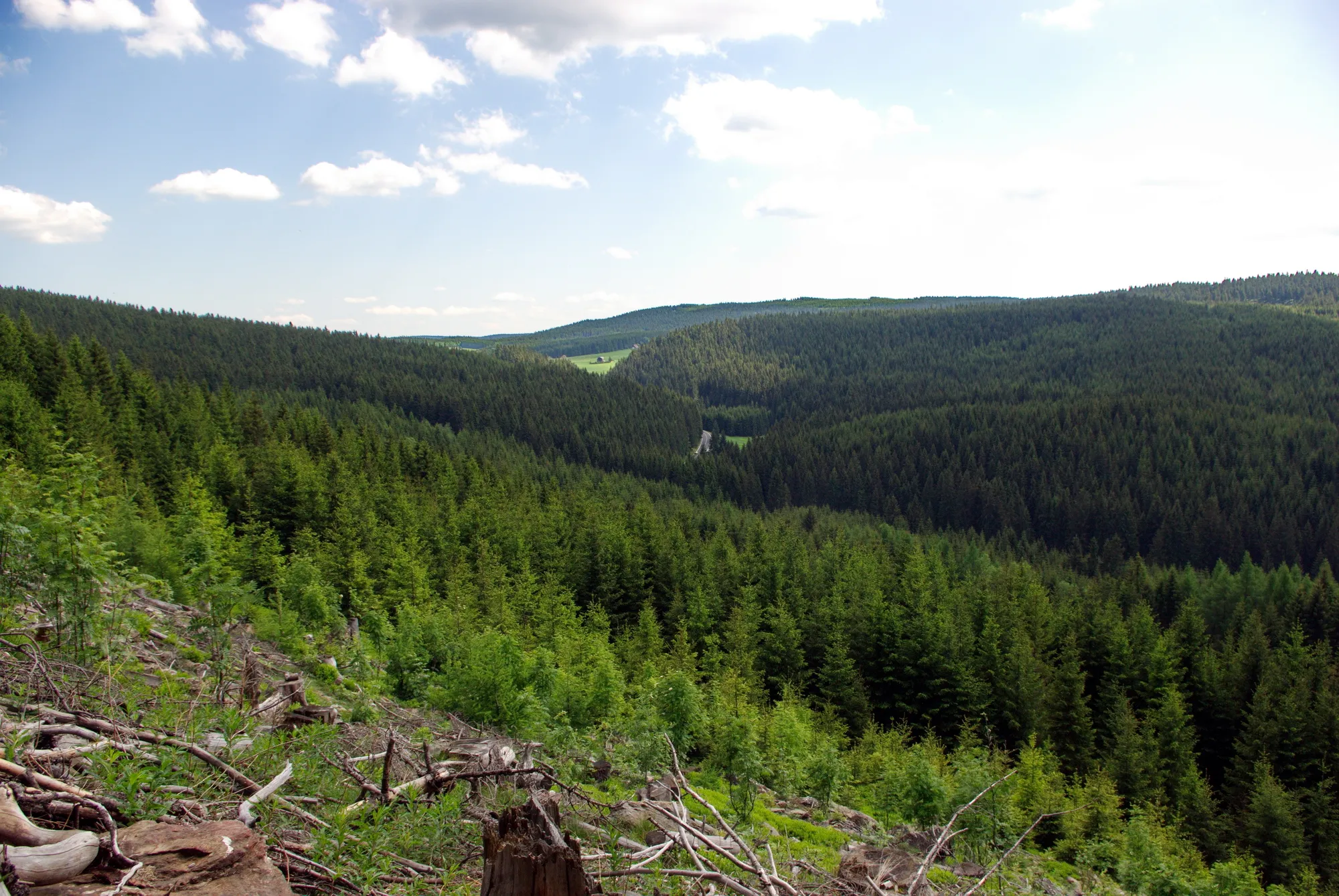 Photo showing: Horní Blatná, Krušné hory, pohled od skal Na Strašidlech (913 m) směrem k Horní Blatné, okres Karlovy Vary