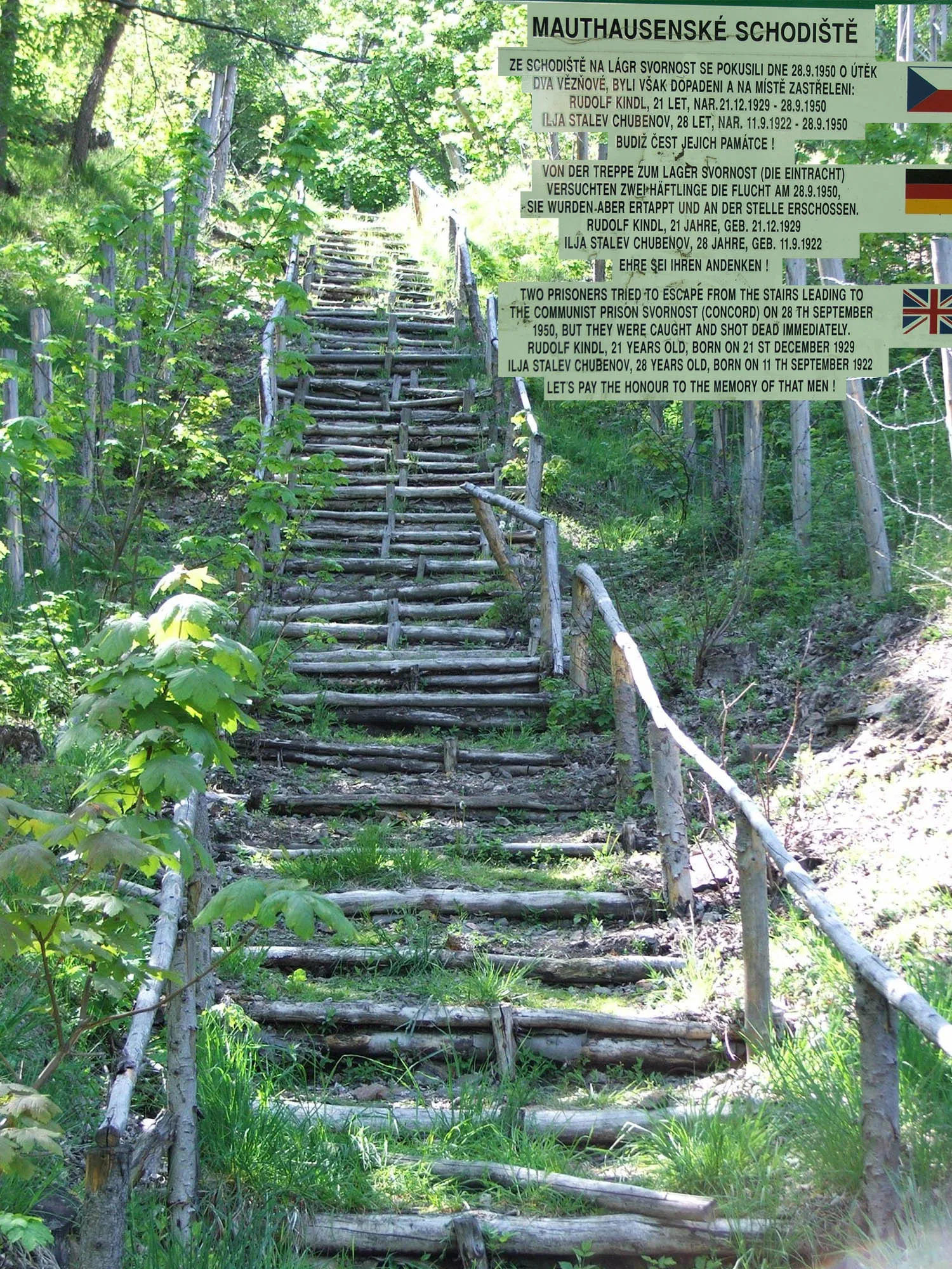Photo showing: Jáchymov, camp Svornost -Concord, communist concentration camp in Czechoslovakia. Picture of wooden stairs - a montage with description down the stairs, Jáchymov (Czechia)