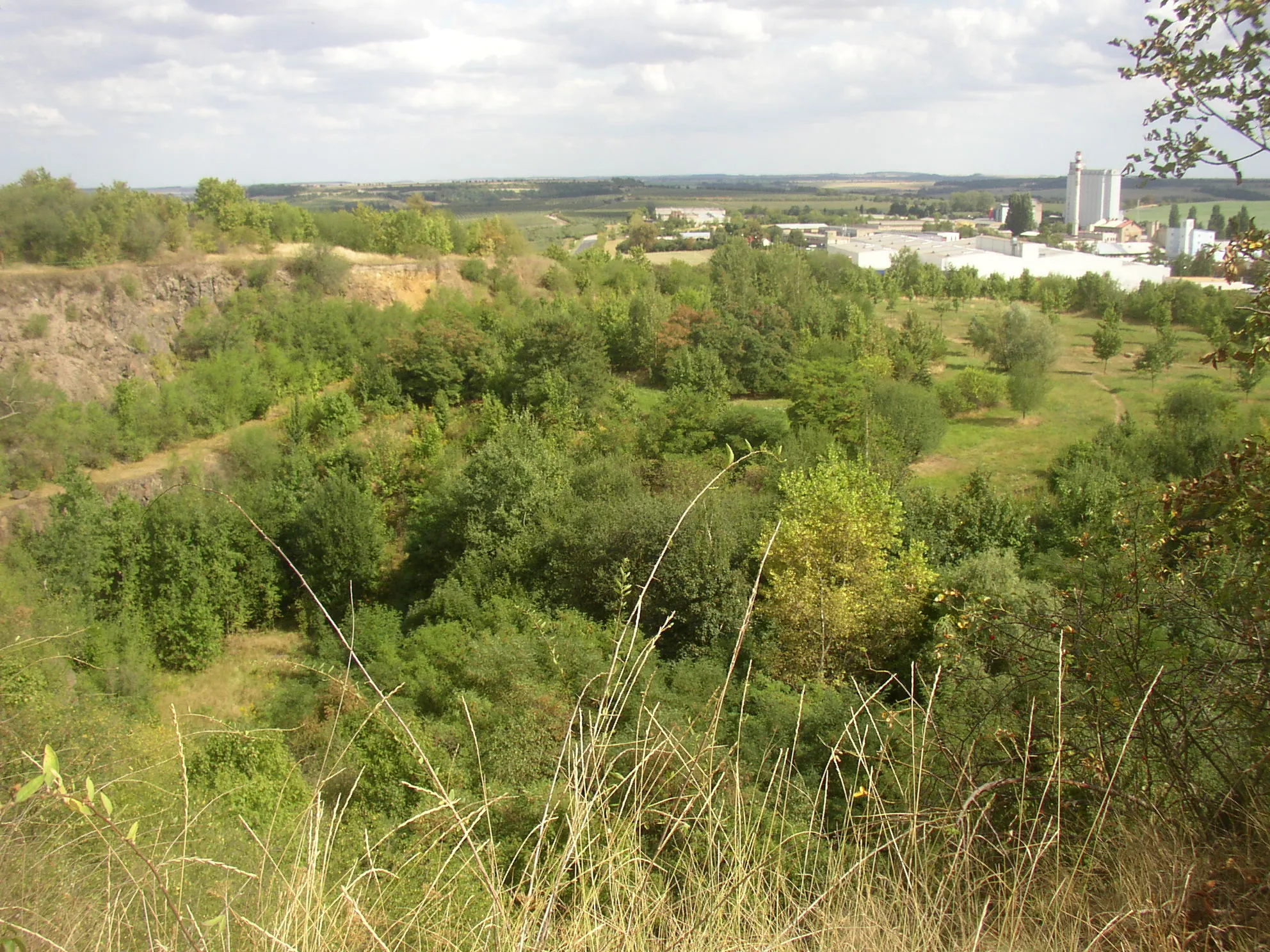 Photo showing: Slánská hora hill in town of Slaný, Kladno District, Czech Republic). A view from three crosses towards east, into former quarry; part of Prague Suburb with industrial zone is visible in the background.