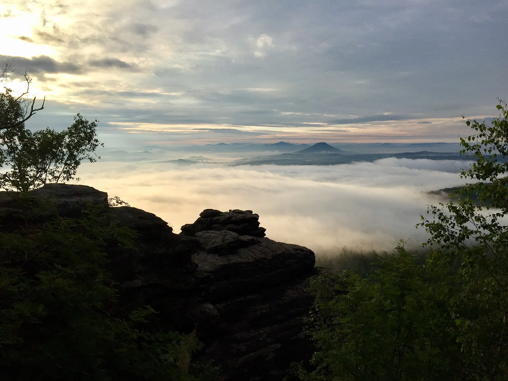 Photo showing: Sonnenaufgang nach regenreicher Nacht im Landschaftsschutzgebiet Sächsische Schweiz.