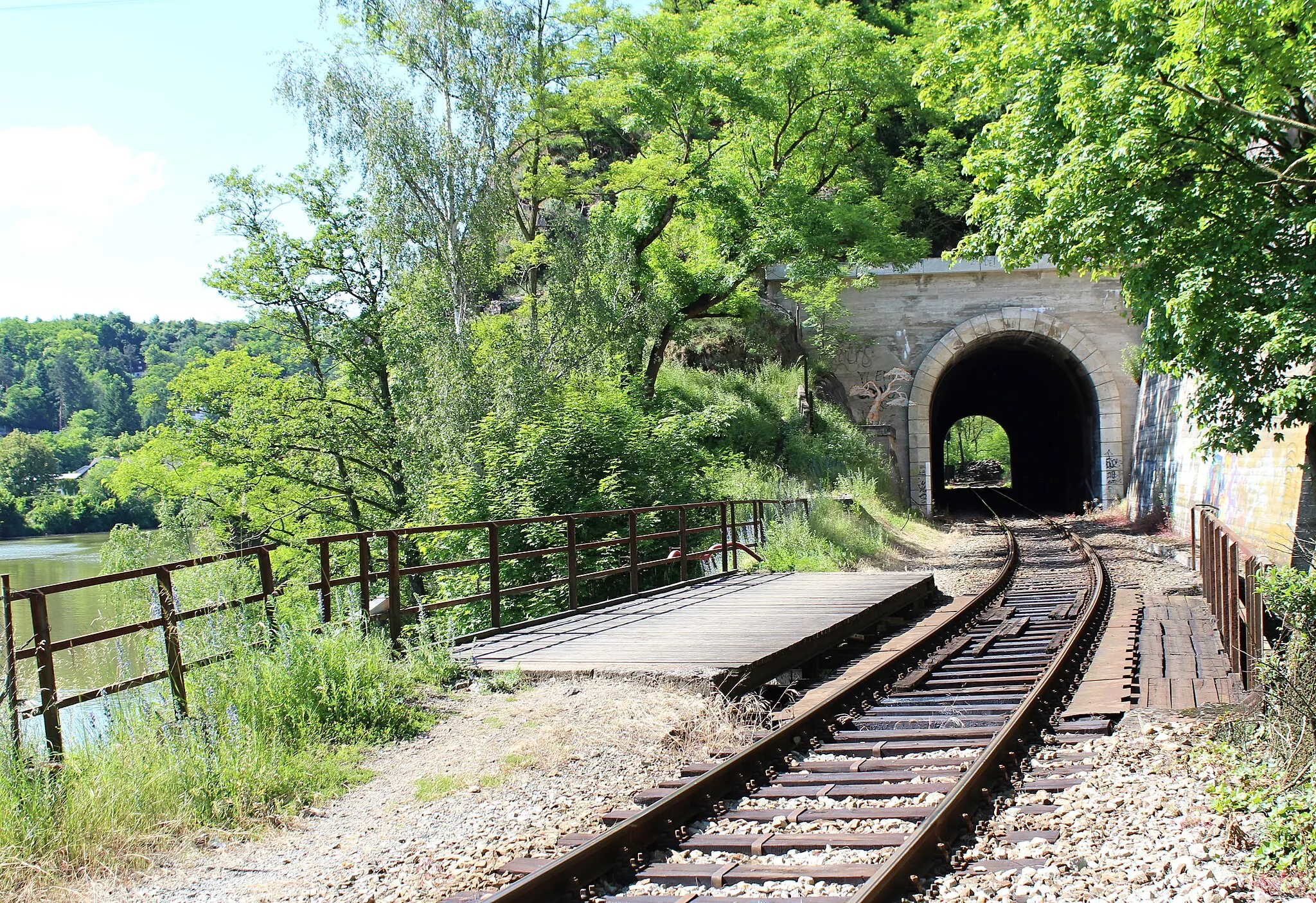 Photo showing: Libřický tunel z bývalé zastávky ČSD. Před tunelem je železniční most přes ústí Zahořanského potoka do Vltavy. Pohled na severozápad