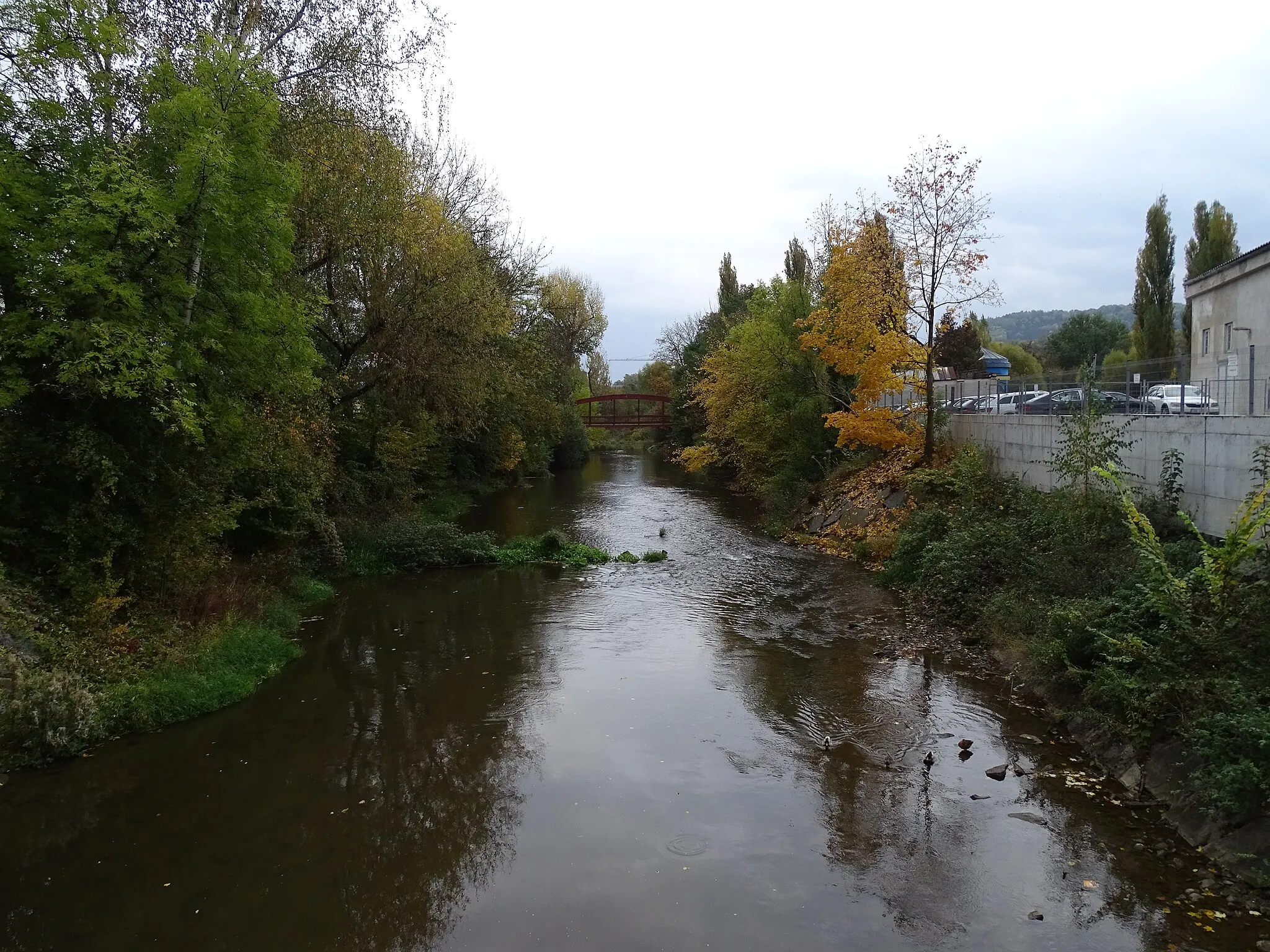 Photo showing: Beroun-Závodí and Město, Beroun District, Central Bohemian Region, Czechia, Berounka flume from the bridge of Na Parkáně street.