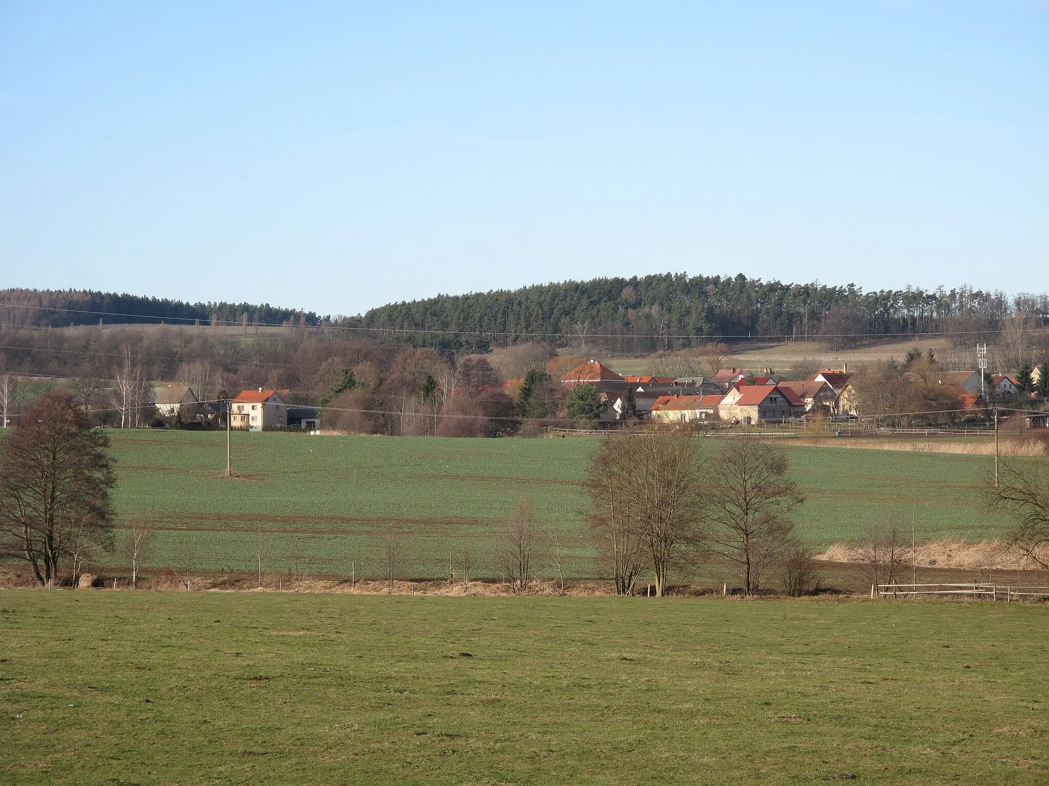 Photo showing: Korkyně village as seen from the south, Příbram District, Czech Republic.