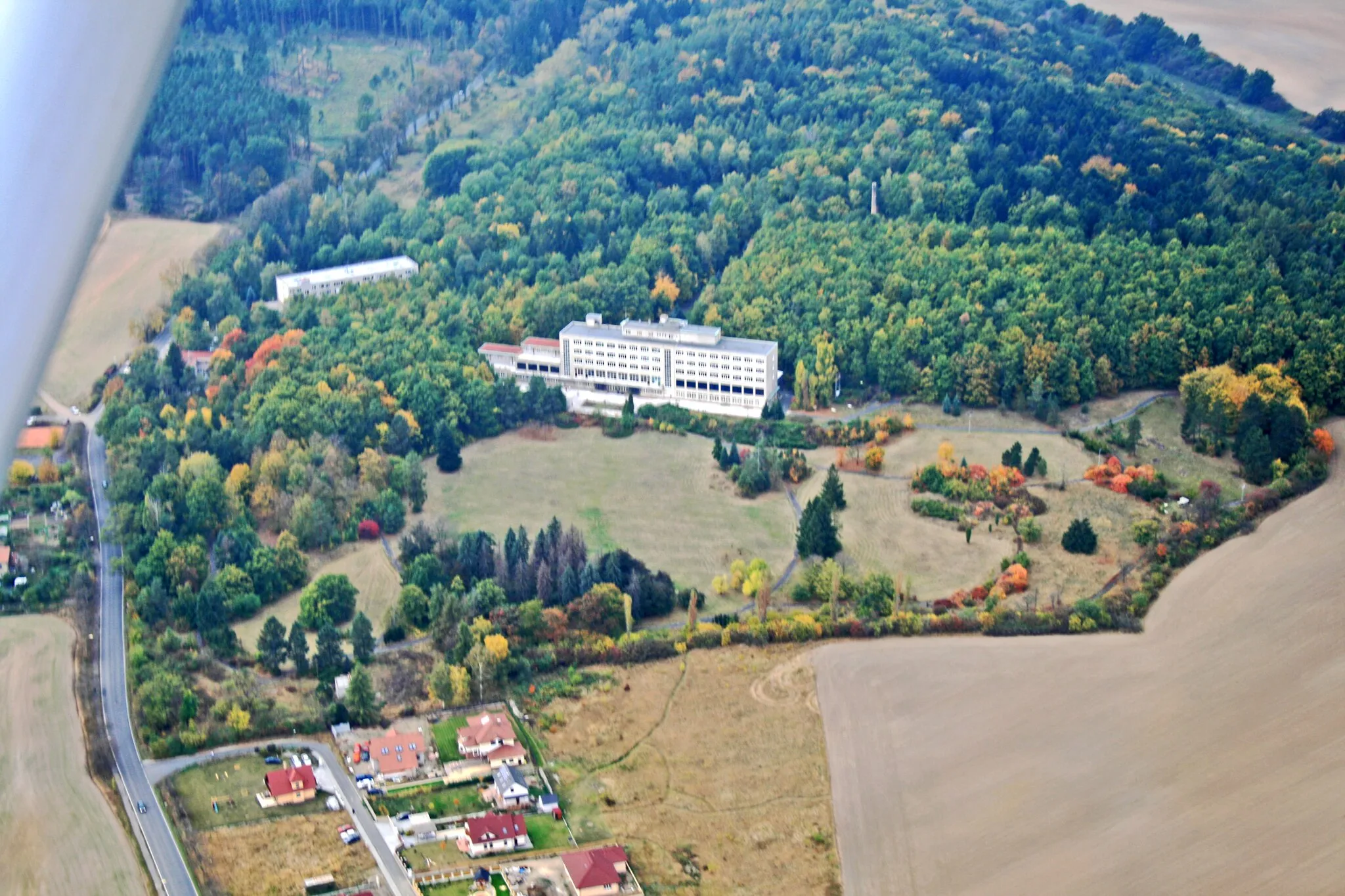 Photo showing: Air photo of Masaryk sanatorium near of Dobříš town, Czech Republic