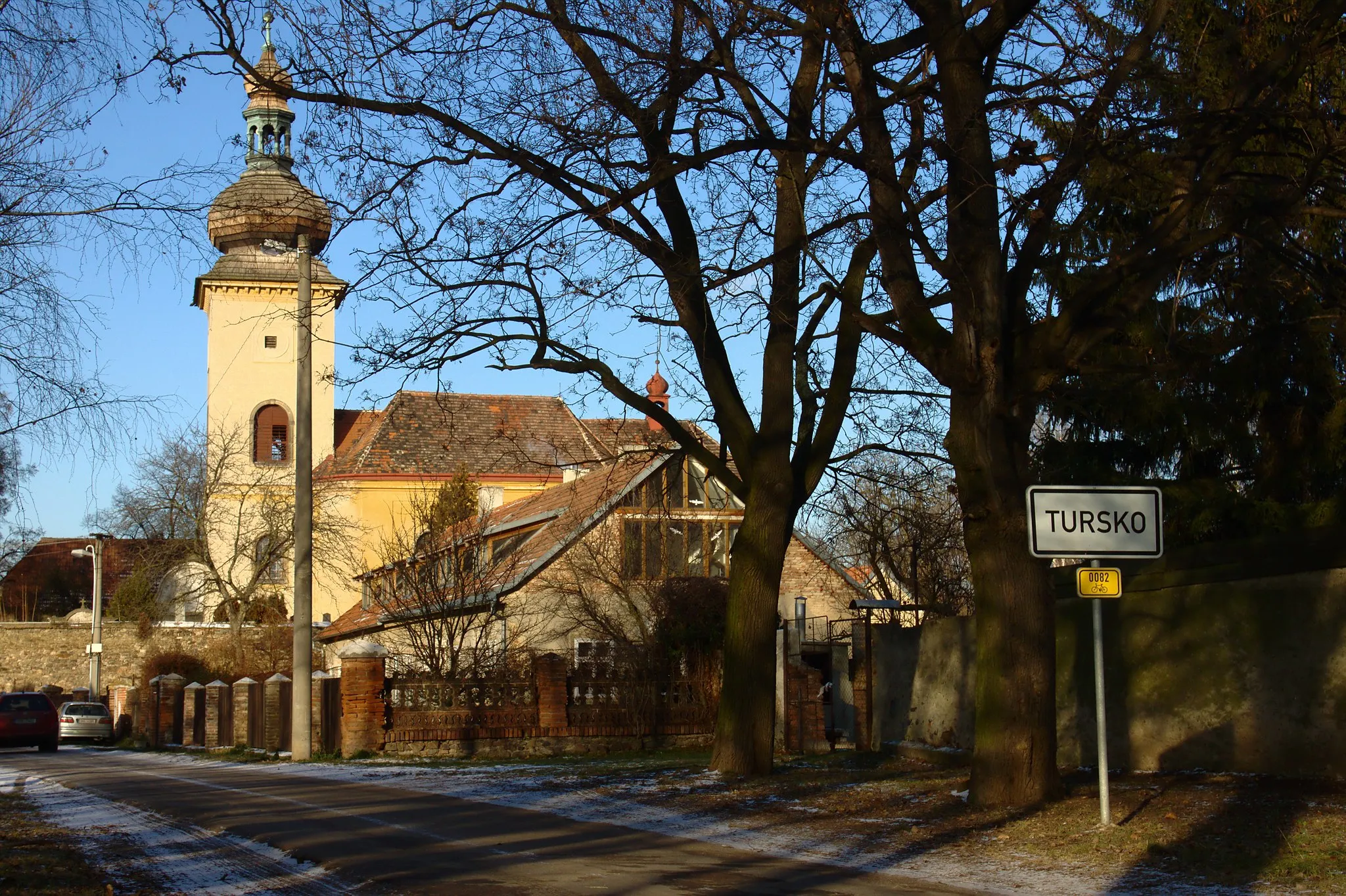 Photo showing: The town of Tursko, southern edge. The church of st. Martin can be seen. Central Bohemian Region, CZ