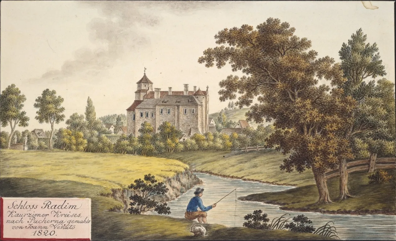 Photo showing: Radim (okres Kolín)Schloss Radim, Kauřzimer Kreises, nach Pucherna gemahlt von Joann Venuto 1820
