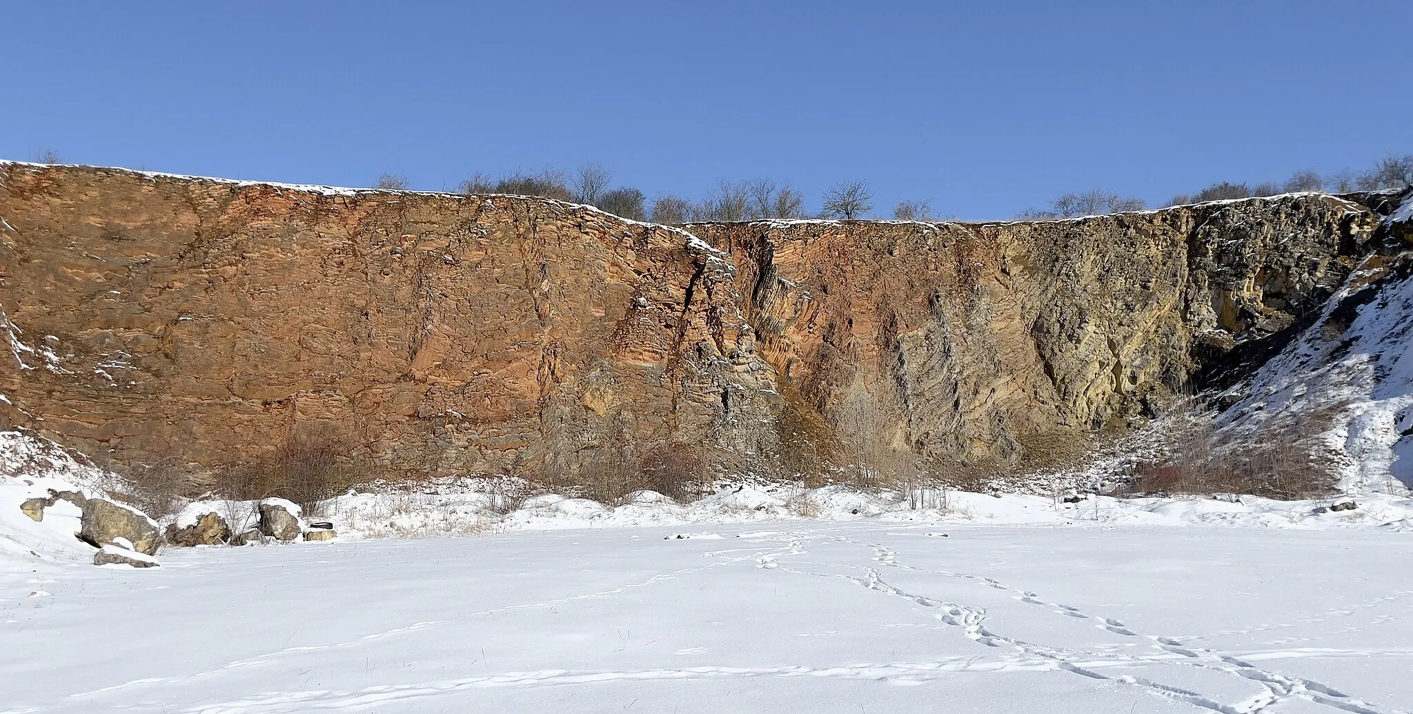 Photo showing: A limestone quarry. Somewhere in this rock face lies the prag/lochkov boundary within the Devonian period. Whether it follows the colour change, I can't tell for sure. The layers have been twisted during the Variscan orogeny.