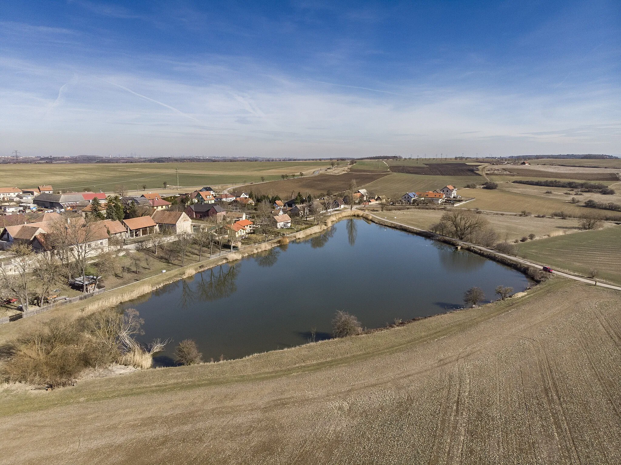 Photo showing: Kucharik fish pond in the village Kucharik, Czech Republic, drone shot